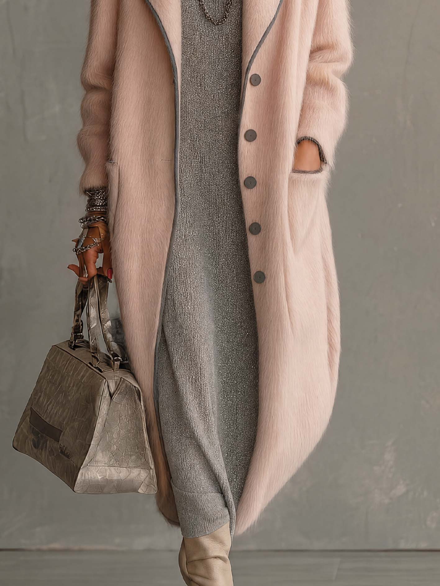 Blush Pink Faux Fur Longline Coat With Contrast Piping