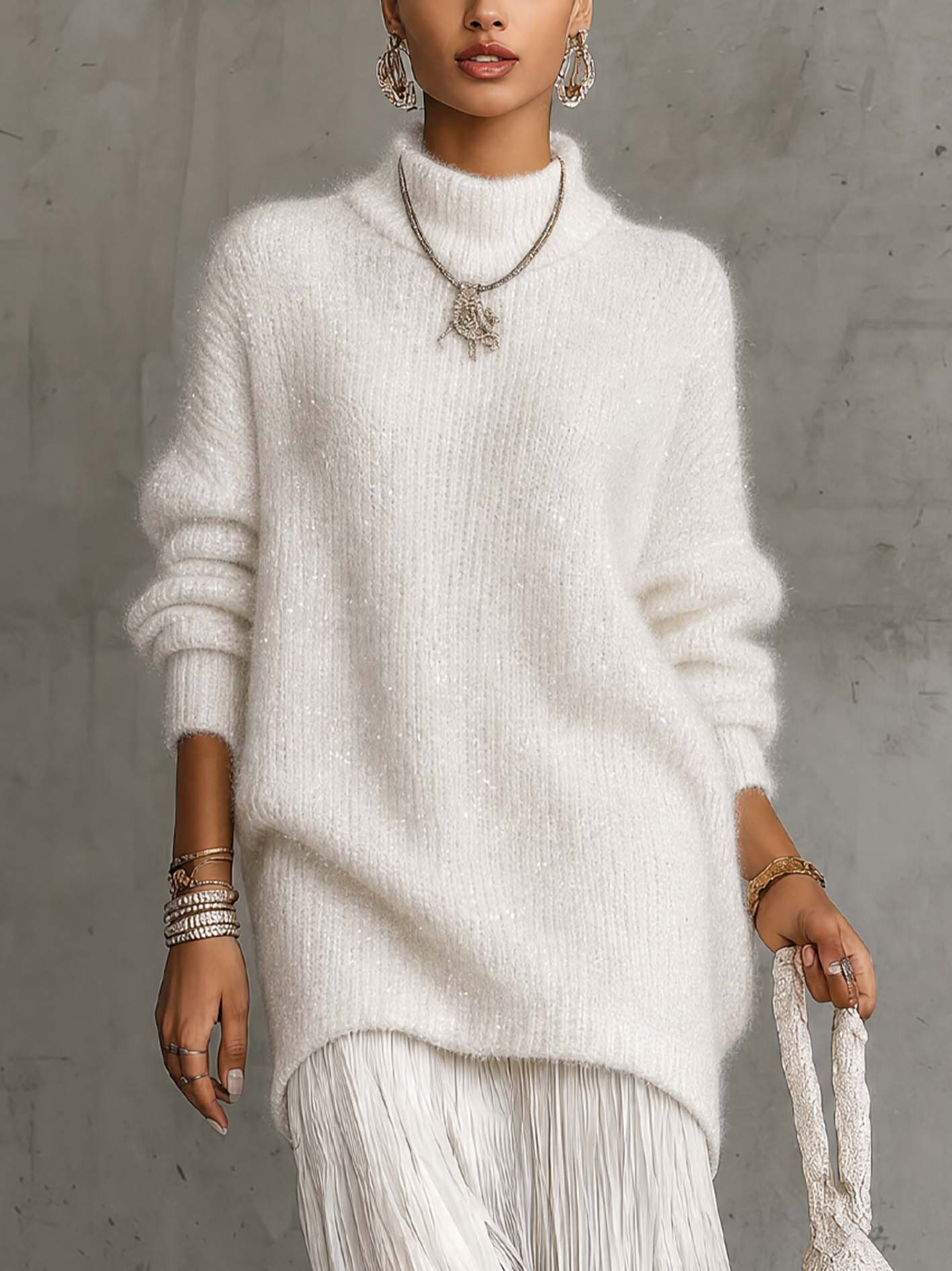 White Shimmer Fuzzy Knit Sweater Dress With Pleated Chiffon Patchwork Hem