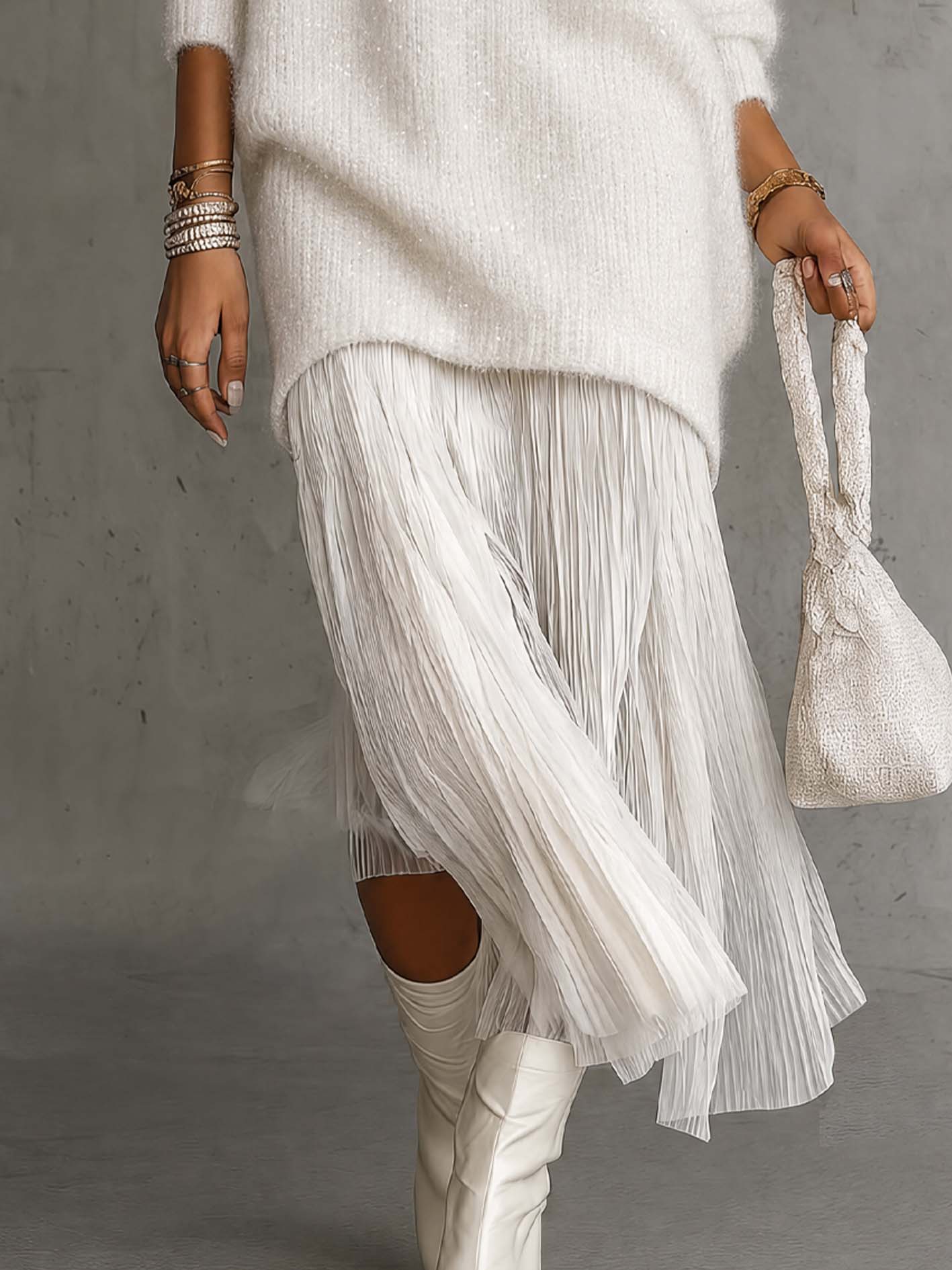 White Shimmer Fuzzy Knit Sweater Dress With Pleated Chiffon Patchwork Hem