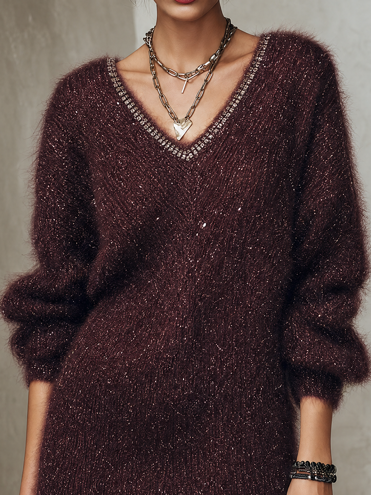 Deep Wine Shimmer Fuzzy Sequin Knit Rhinestone-Trim V-Neck Mini Dress