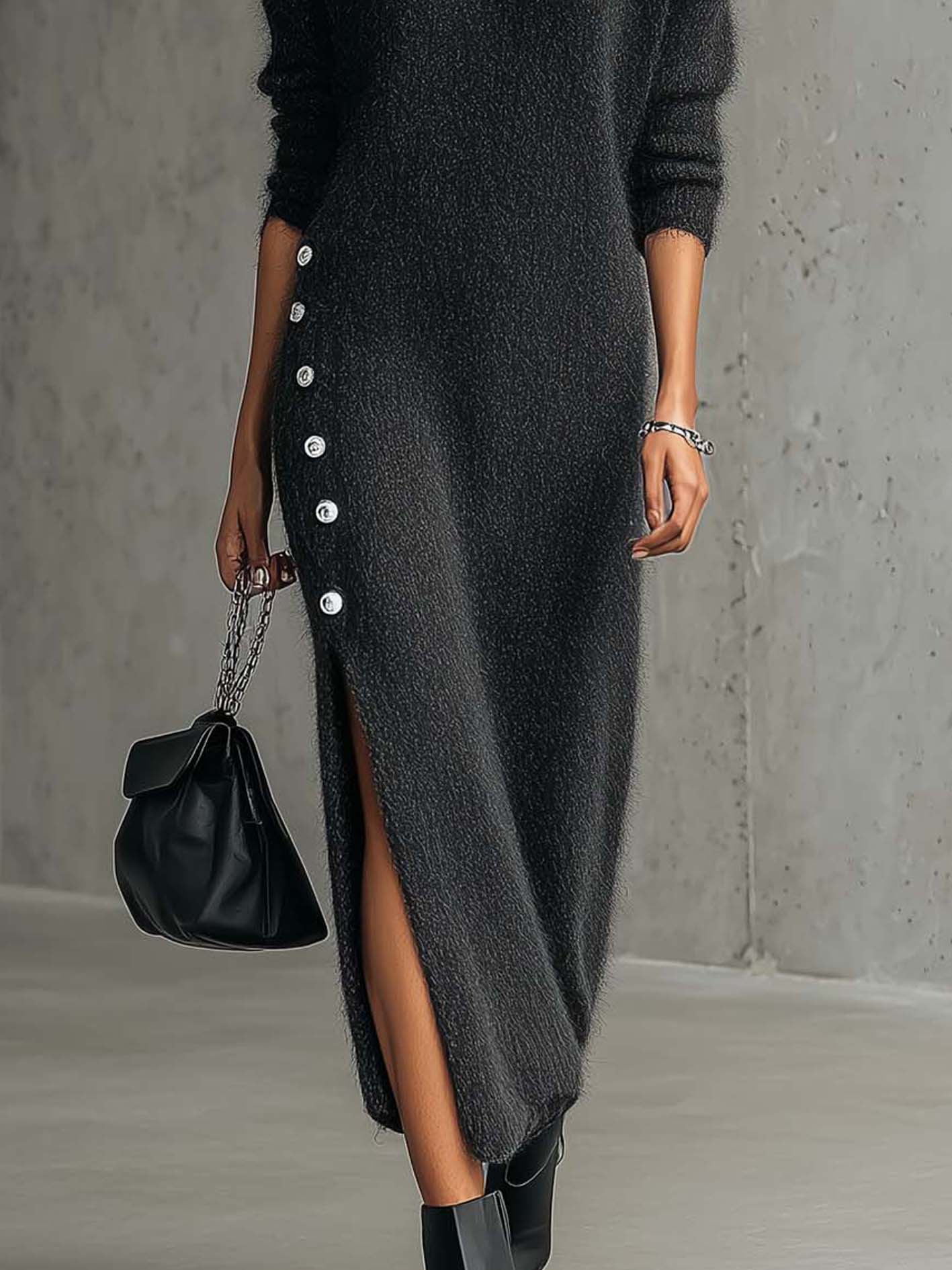 Charcoal Fuzzy Knit Maxi Dress With Buttoned Side Slit