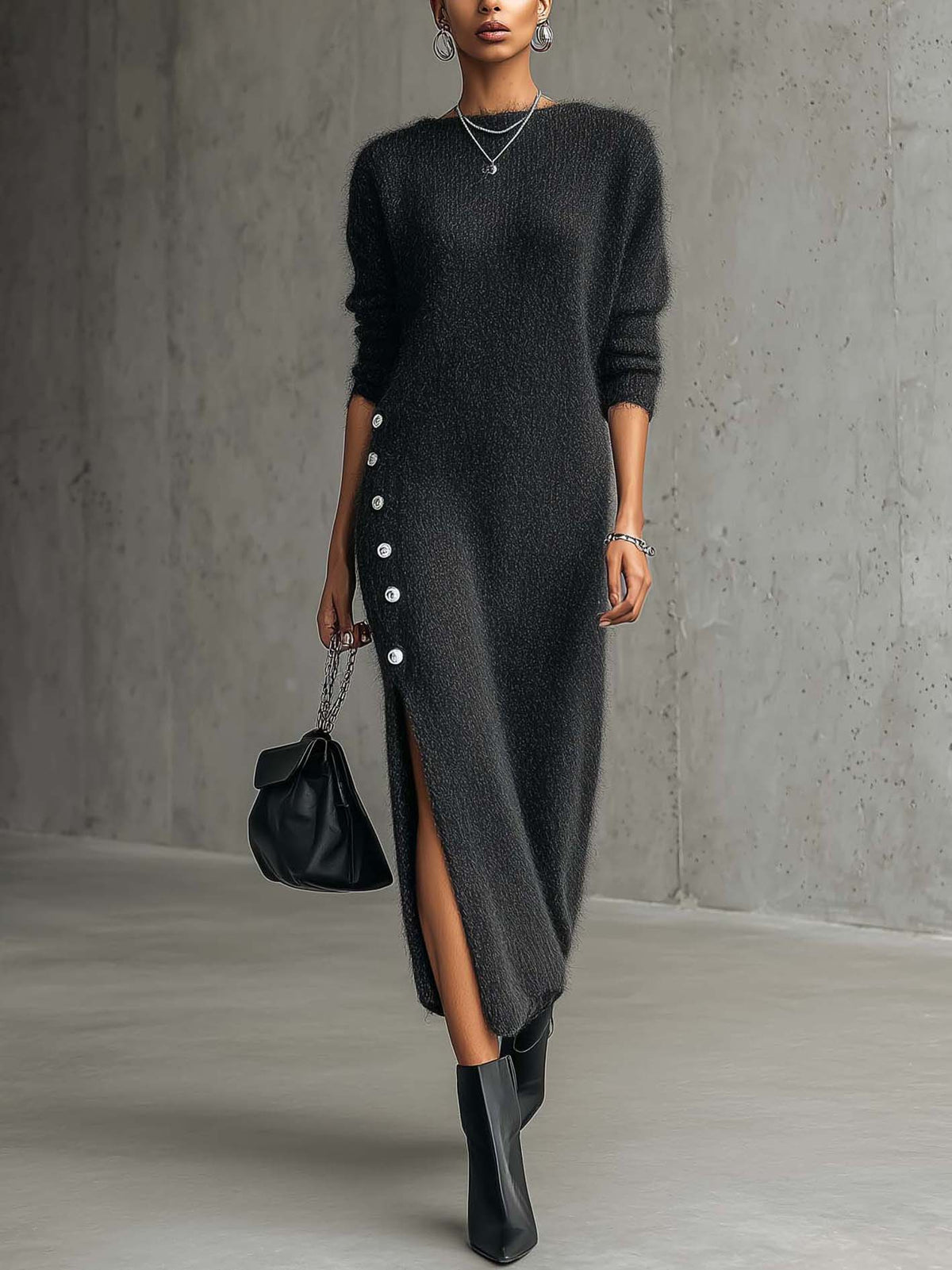 Charcoal Fuzzy Knit Maxi Dress With Buttoned Side Slit