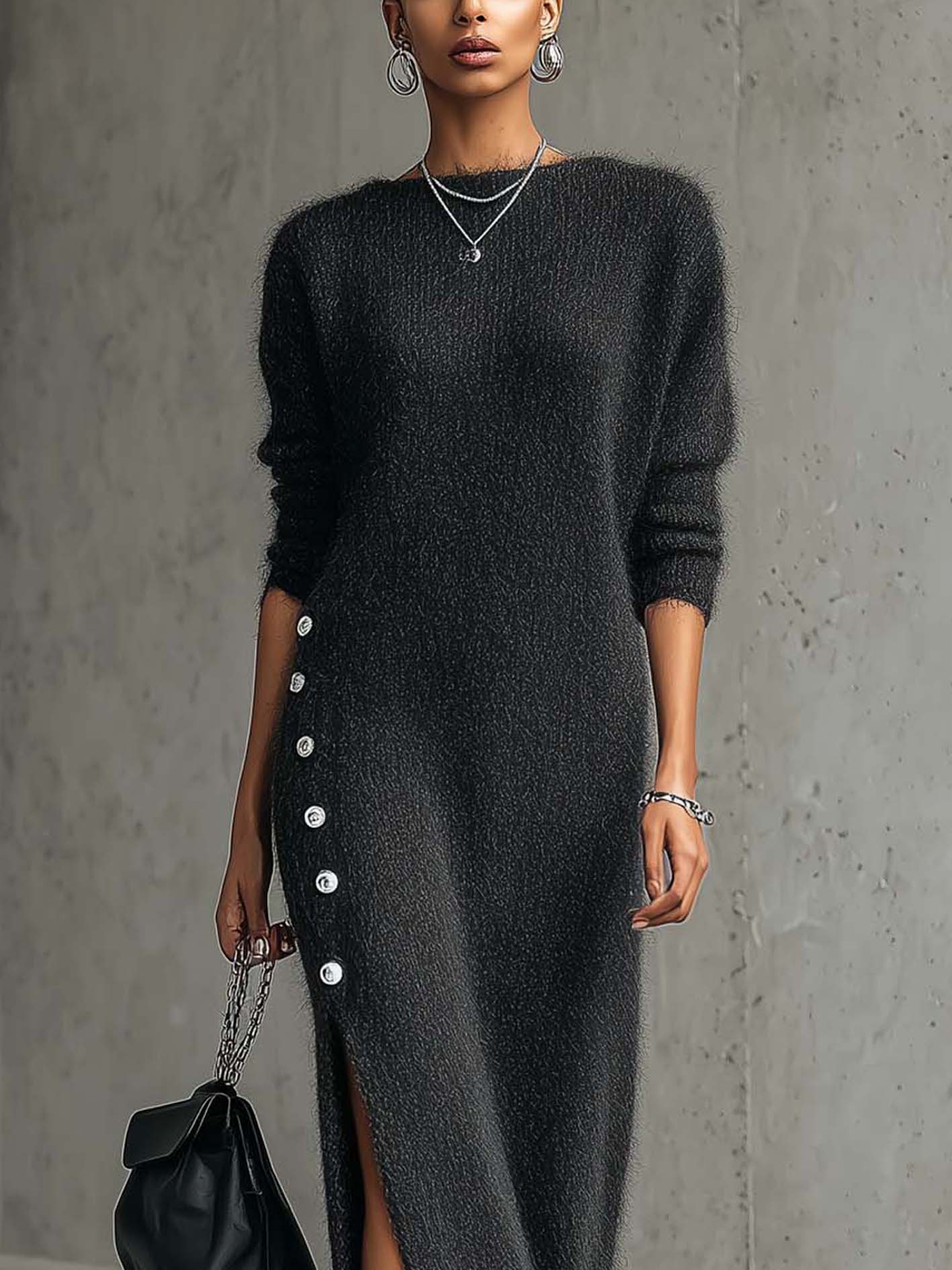 Charcoal Fuzzy Knit Maxi Dress With Buttoned Side Slit