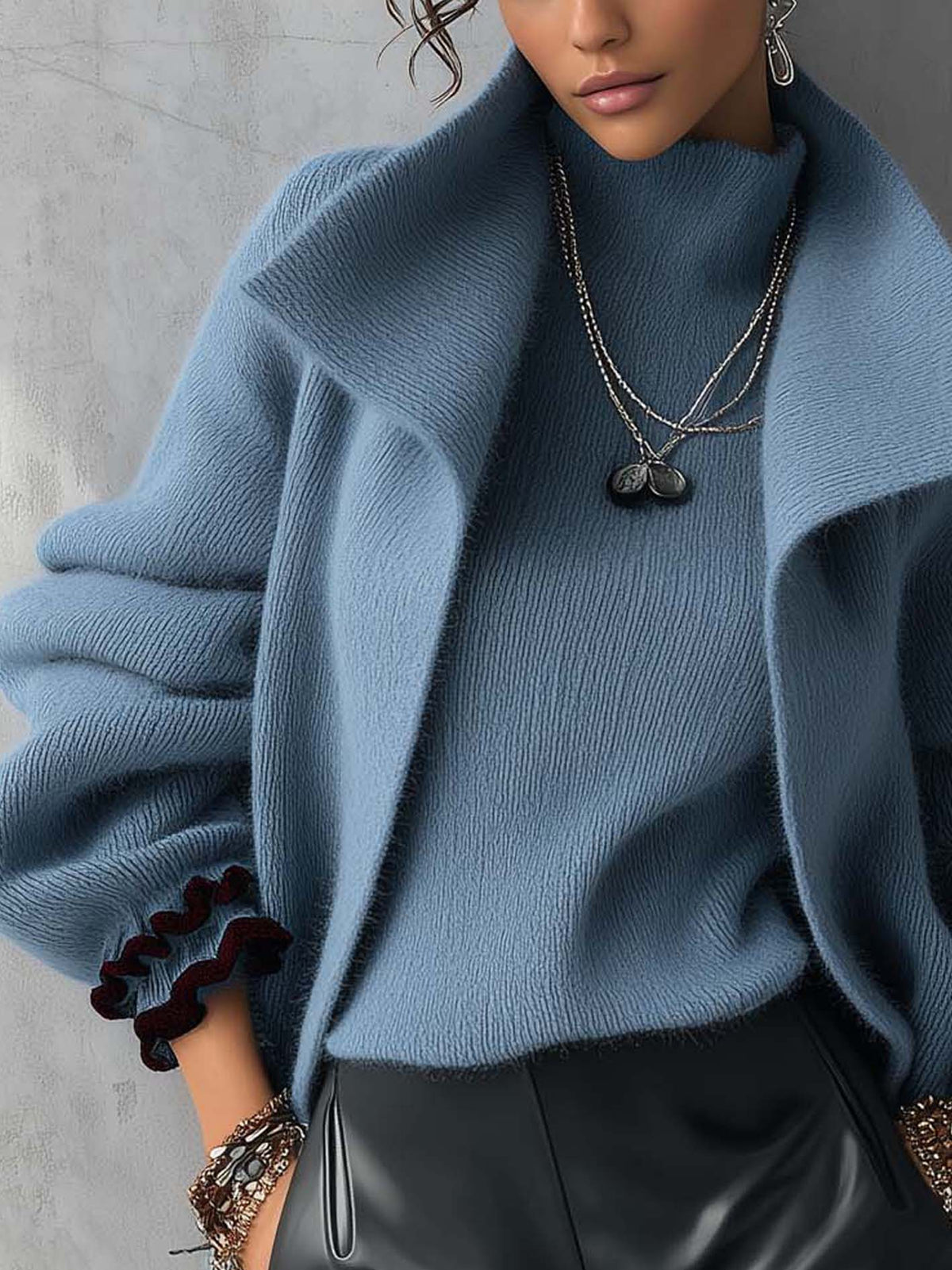 Dusty Blue Fuzzy Knit Cardigan With Oversized Shawl Collar And Ruffle Cuffs