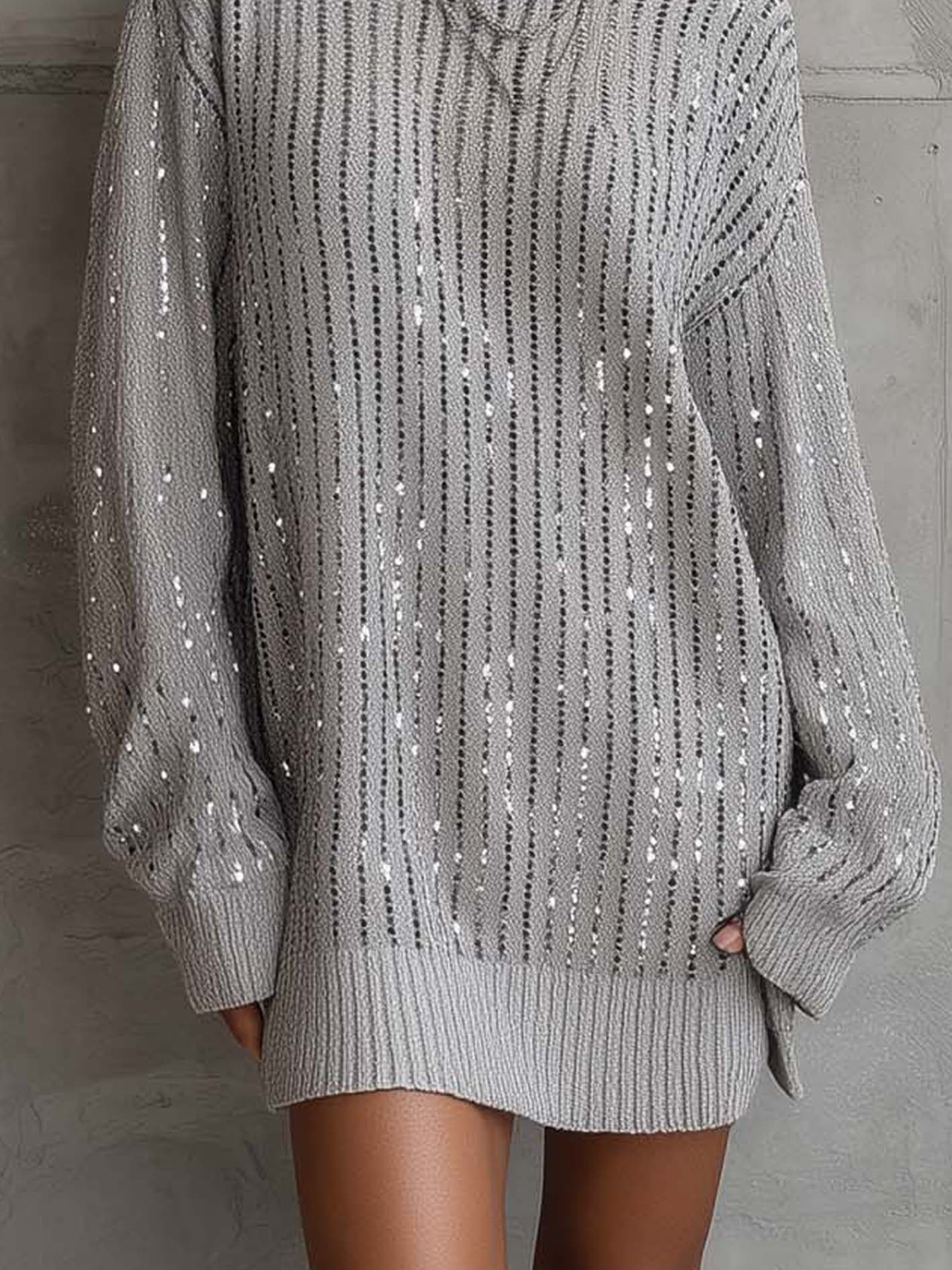 Gray Sequin Open Knit Mini Sweater Dress