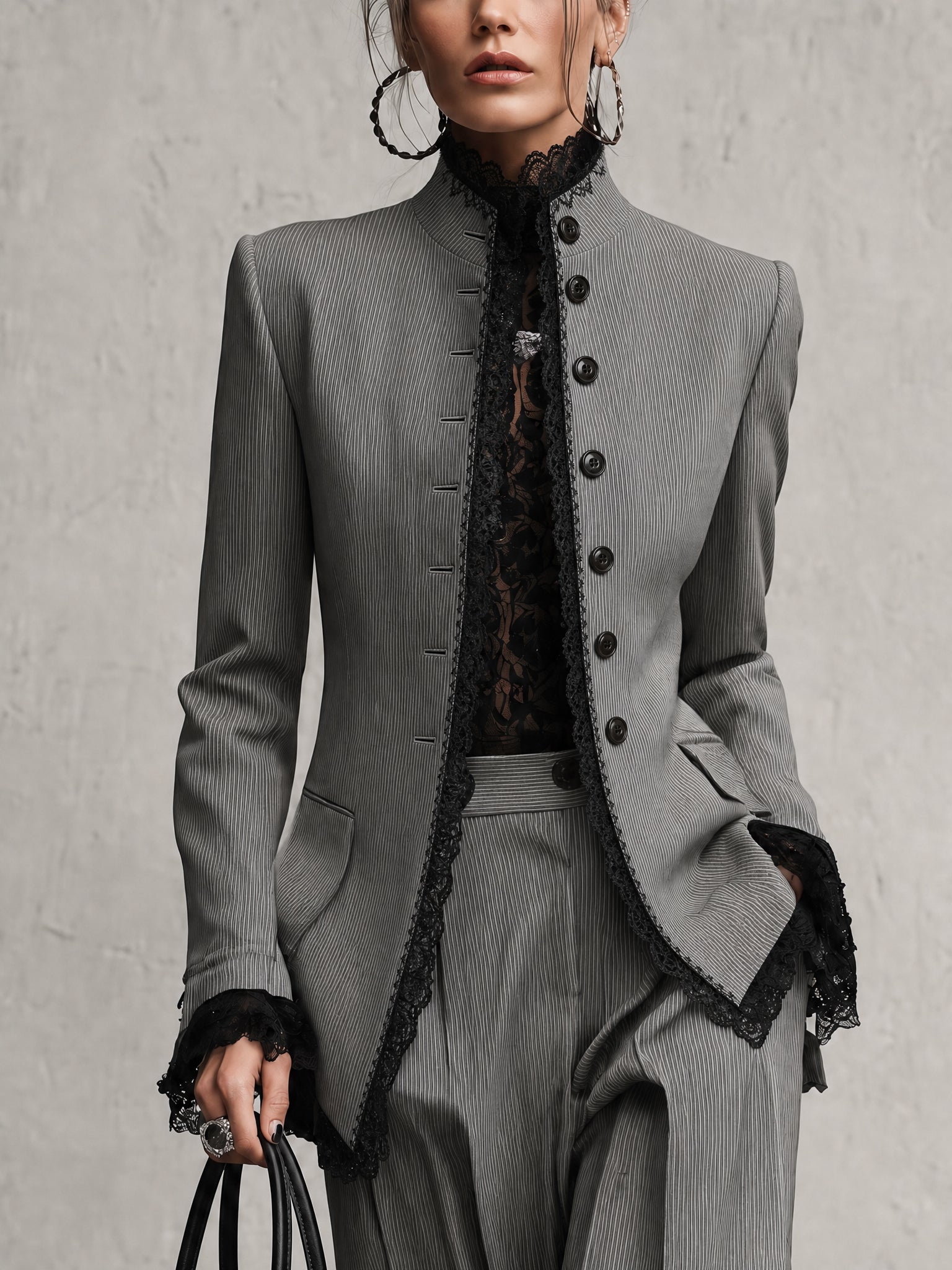 Gray Embroidered Lace Trim Tailored Blazer