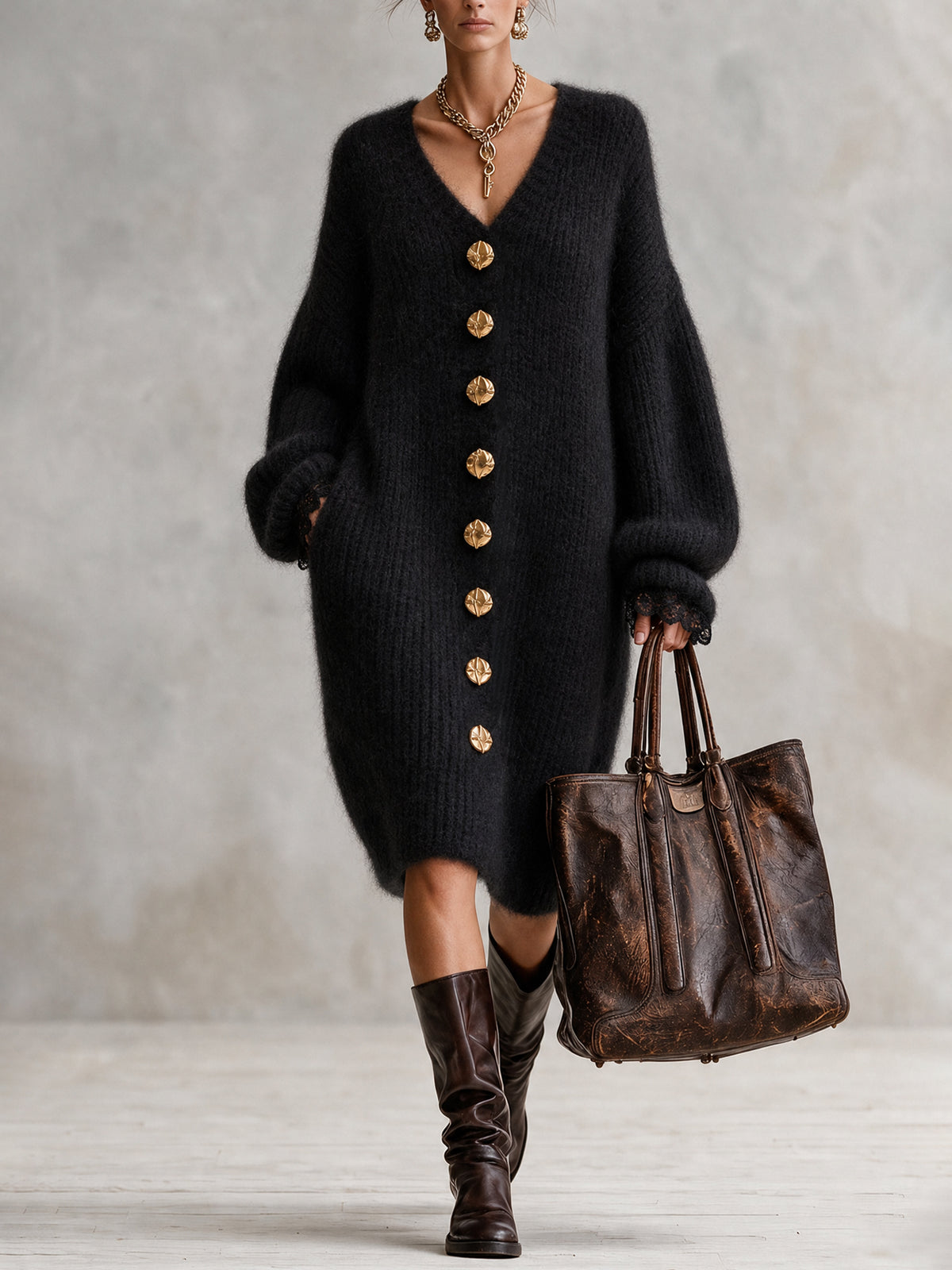 Black Loose Mohair Midi Dress With Gold Buttons