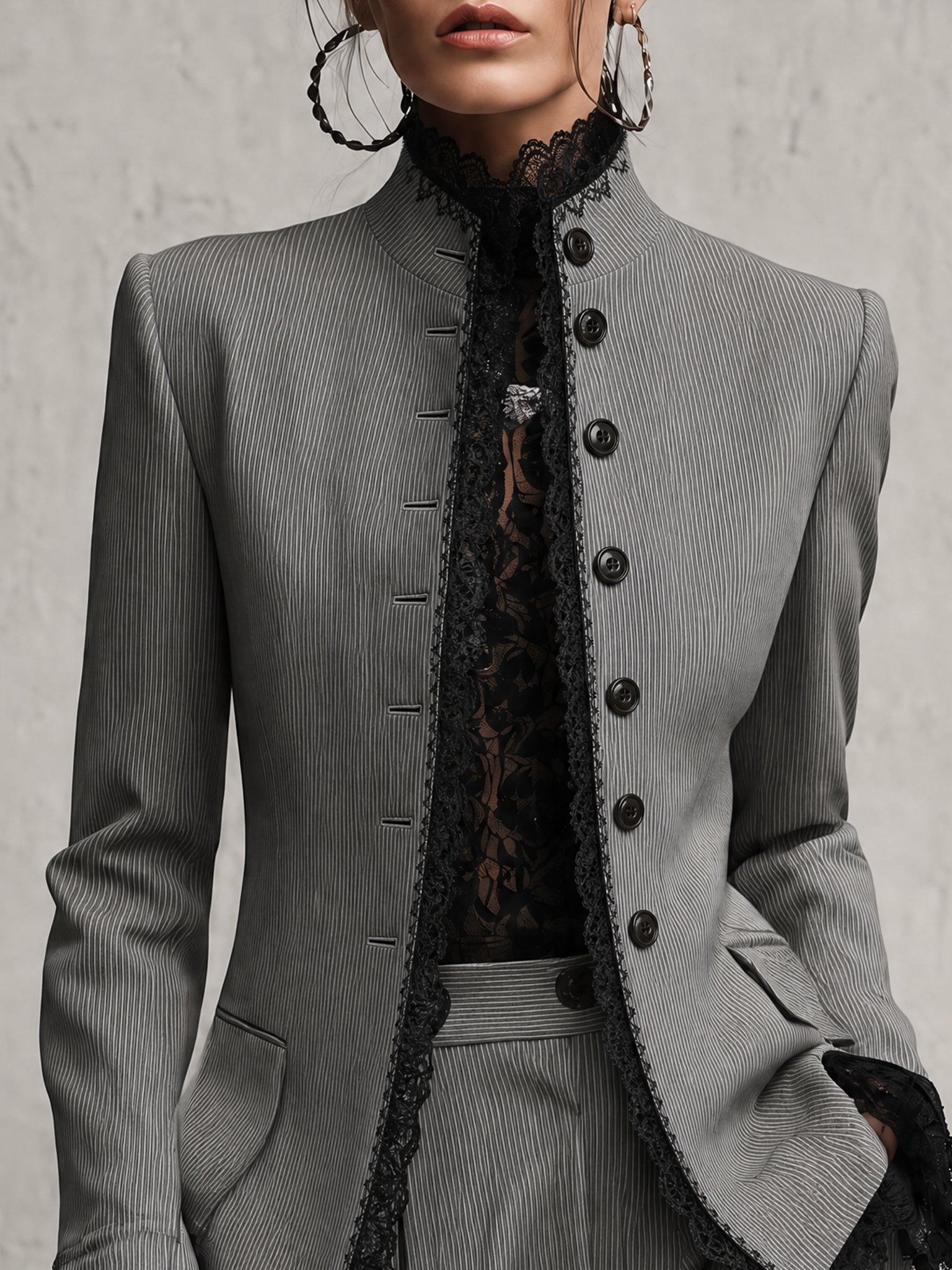Gray Embroidered Lace Trim Tailored Blazer