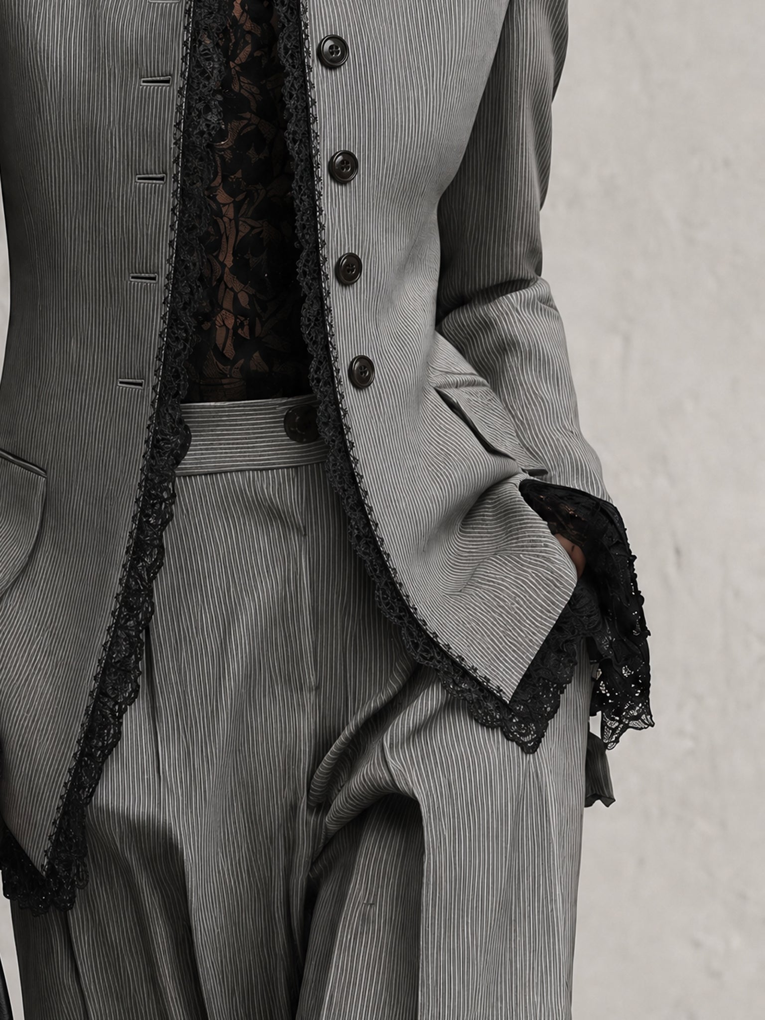 Gray Embroidered Lace Trim Tailored Blazer