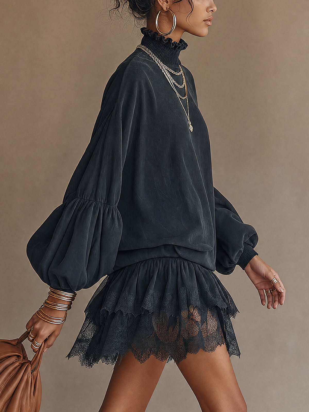 Black Faux Suede Ruffle High Neck Lace Panel Mini Dress