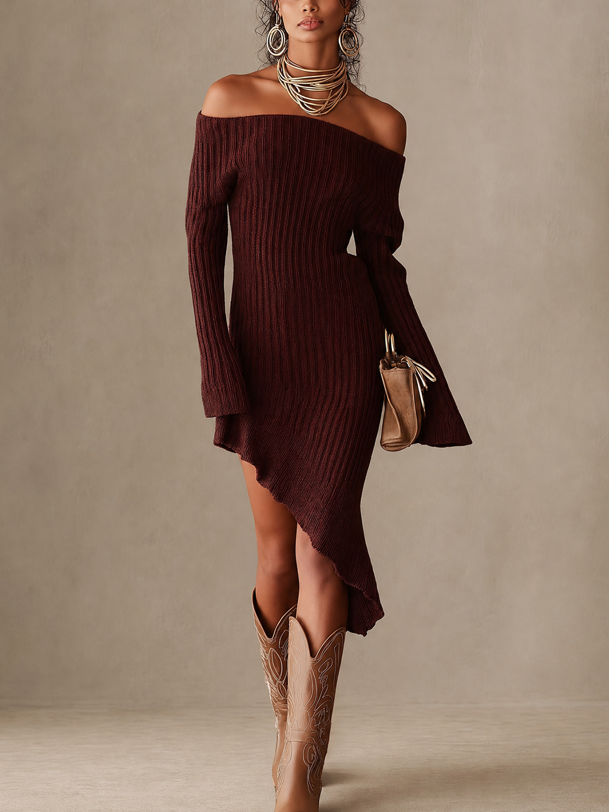 Burgundy Ribbed Knit Off‑Shoulder Asymmetrical Midi Dress
