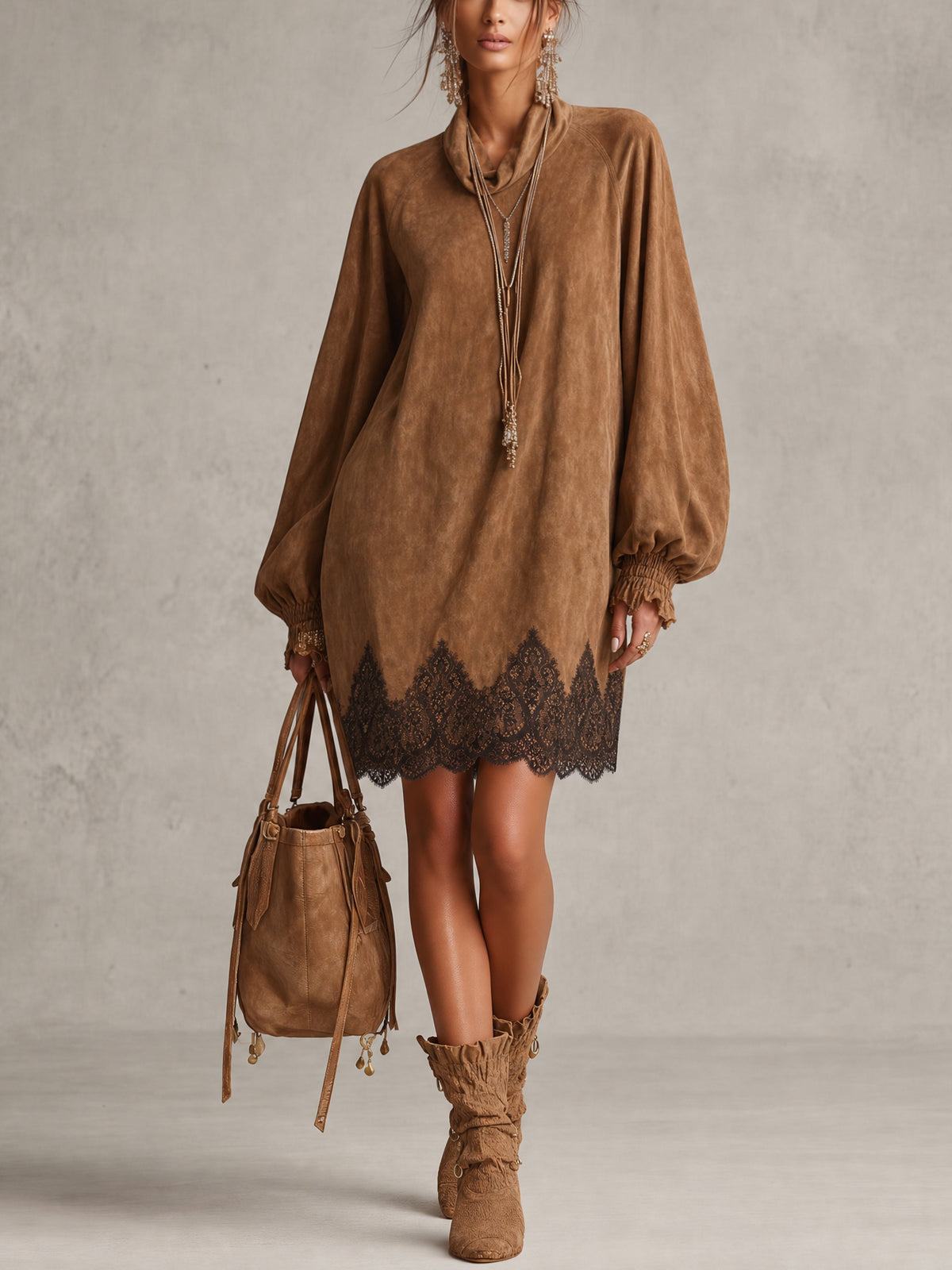 Vintage Brown Faux Suede Loose Lace Mini Dress