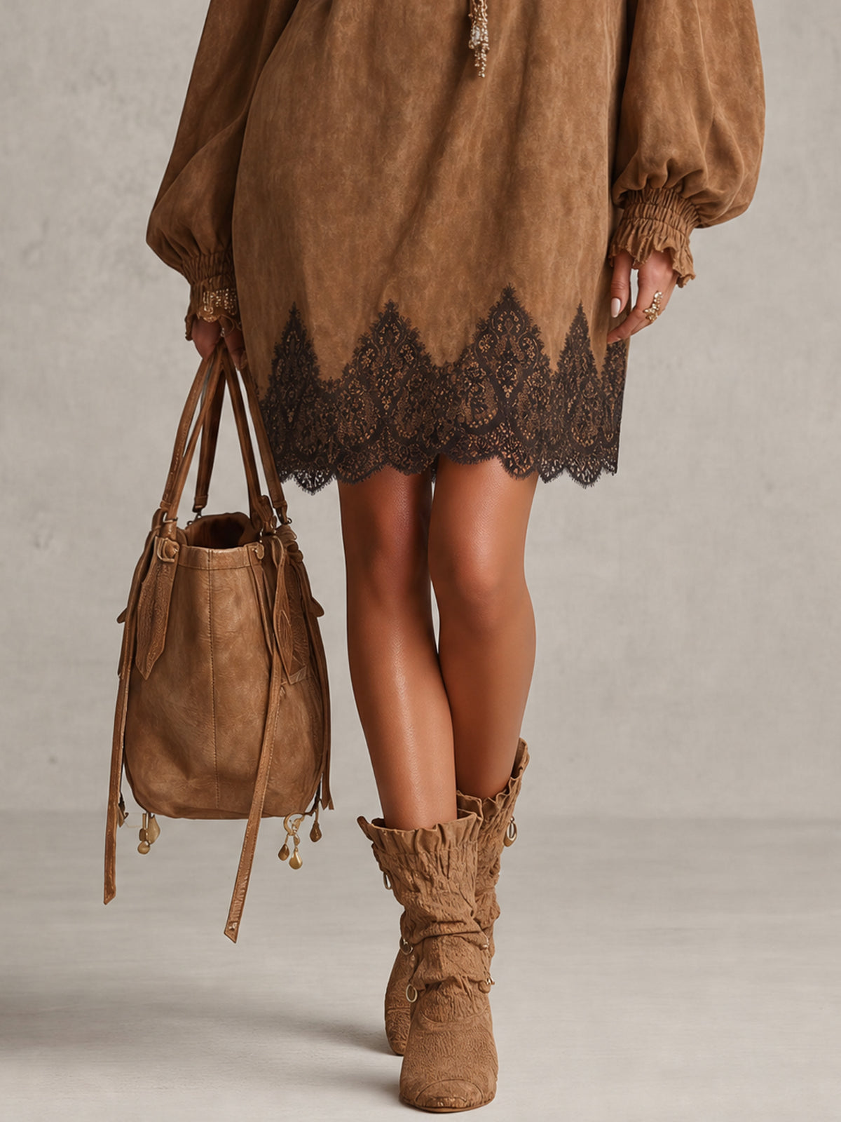 Vintage Brown Faux Suede Loose Lace Mini Dress