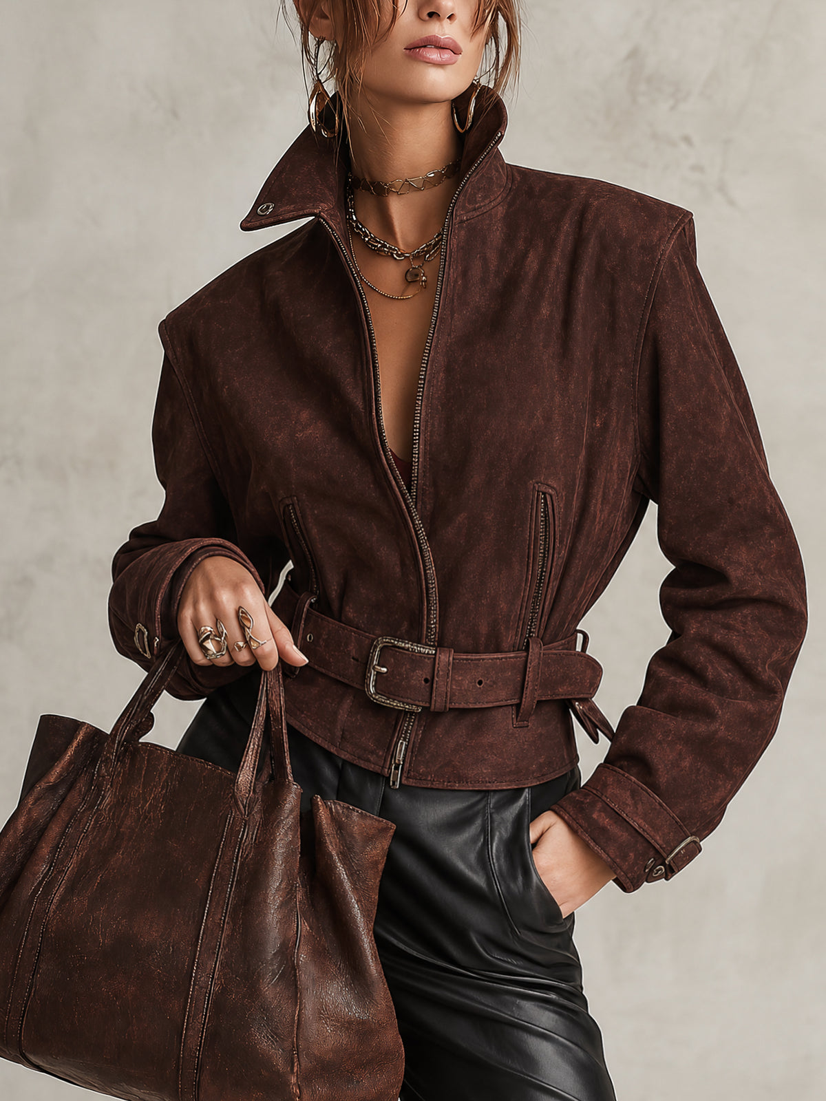 Vintage Burgundy Washed Faux Suede Belted Jacket