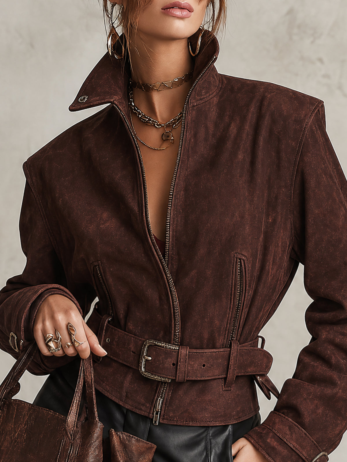 Vintage Burgundy Washed Faux Suede Belted Jacket