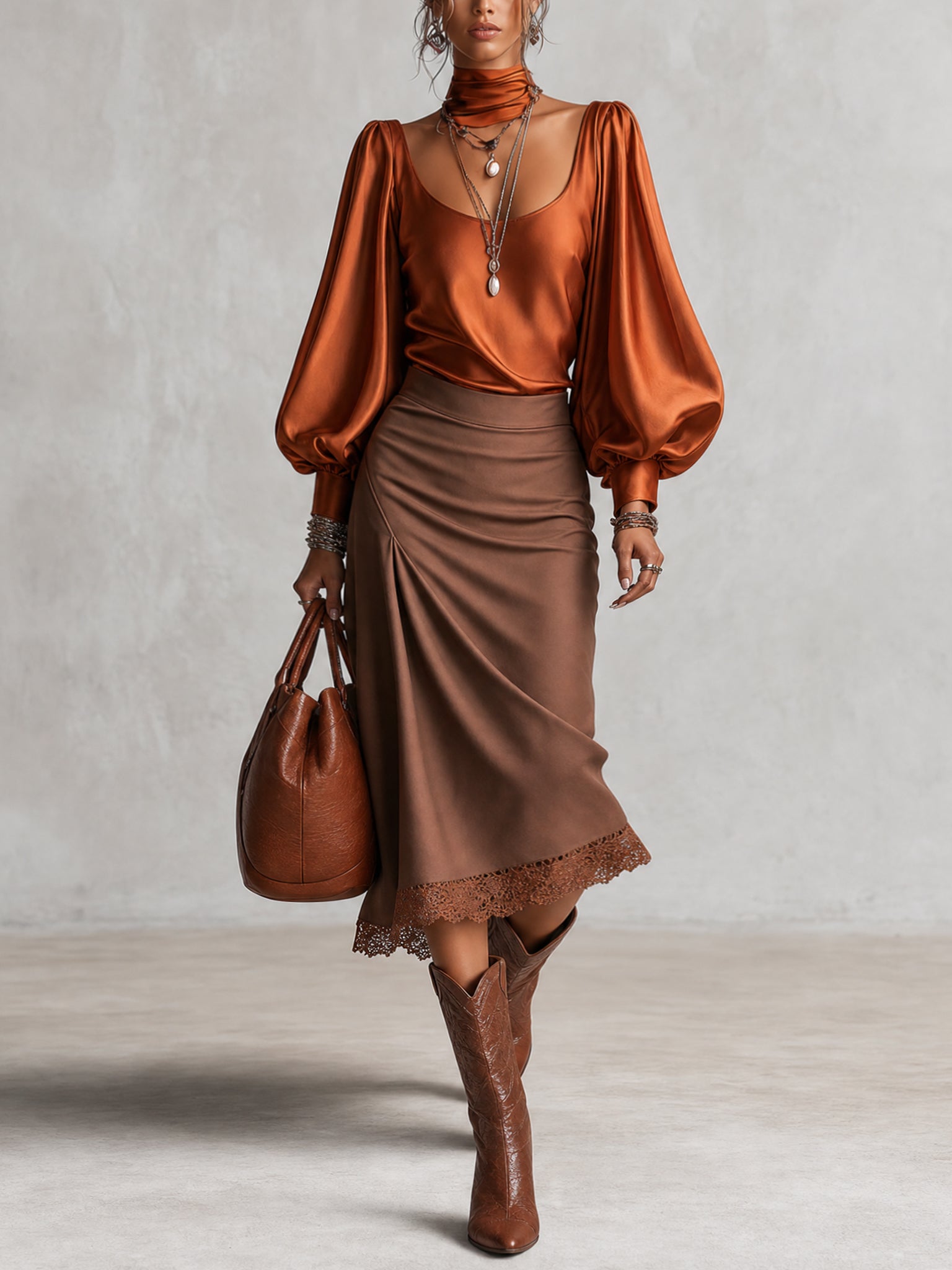 Burnt Orange Satin Blouse And Skirt Set