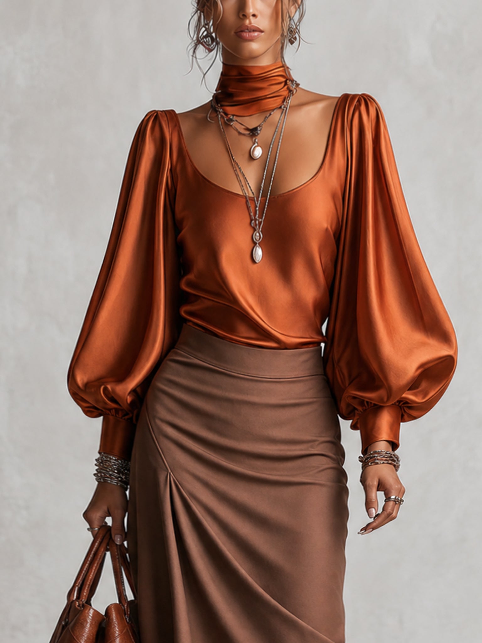 Burnt Orange Satin Blouse And Skirt Set