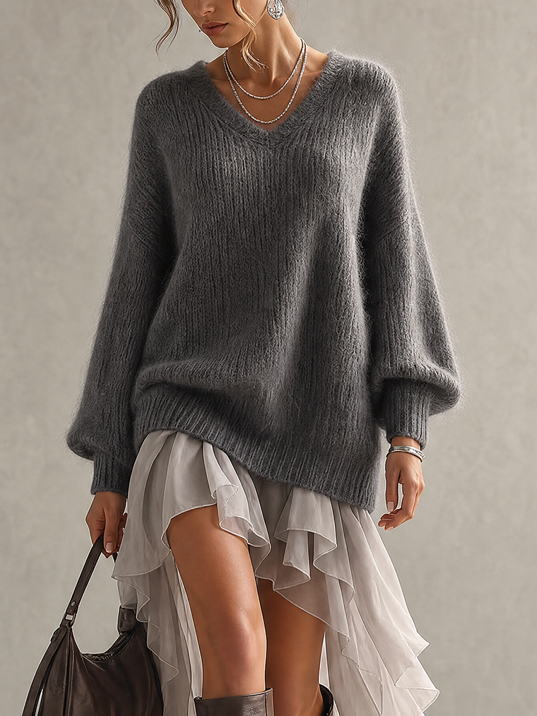 Charcoal Fuzzy Knit And Chiffon Ruffle Sweater Dress