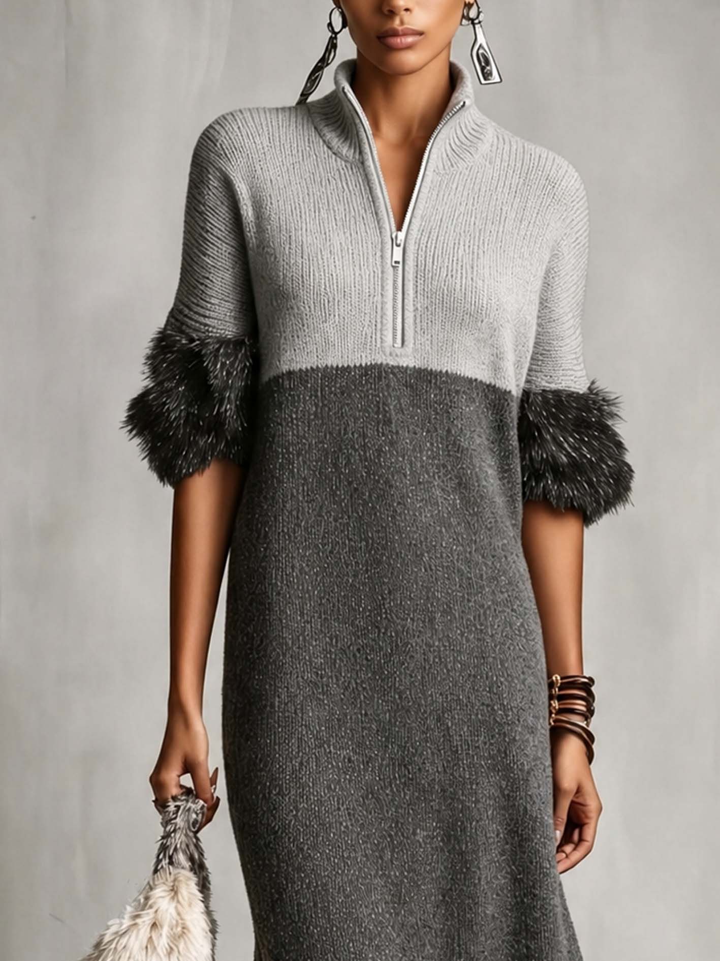 Light Gray And Charcoal Color Block Knit Midi Dress With Half-Zip Collar