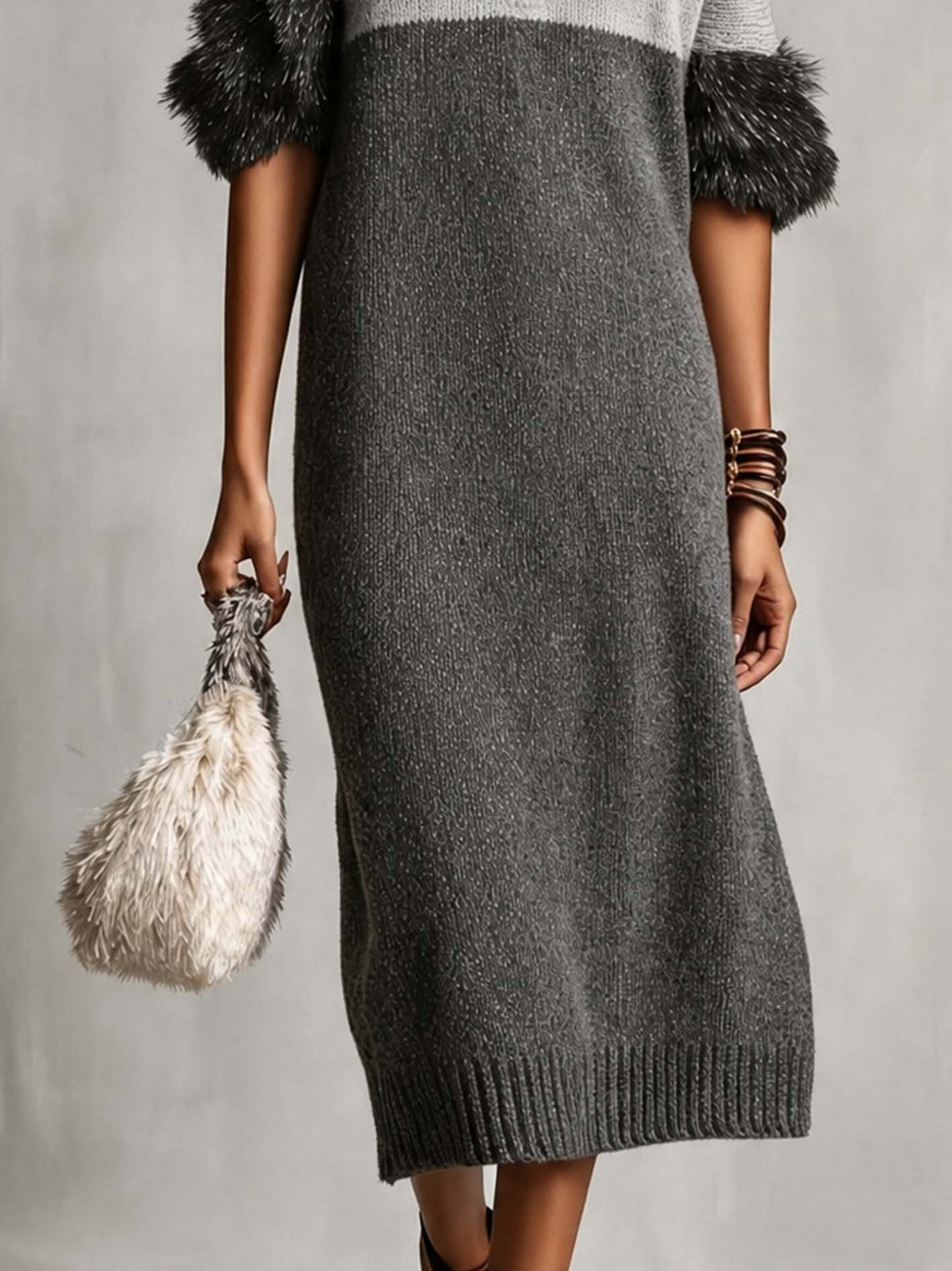 Light Gray And Charcoal Color Block Knit Midi Dress With Half-Zip Collar