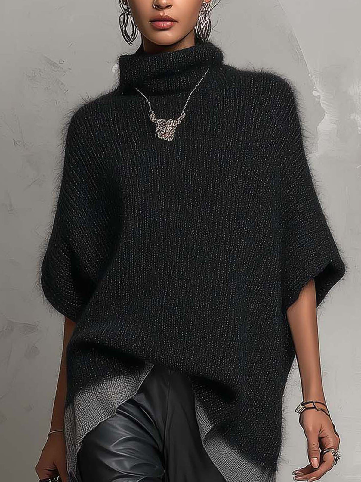 Black Fuzzy Knit Poncho Sweater With Asymmetrical Contrast Hem