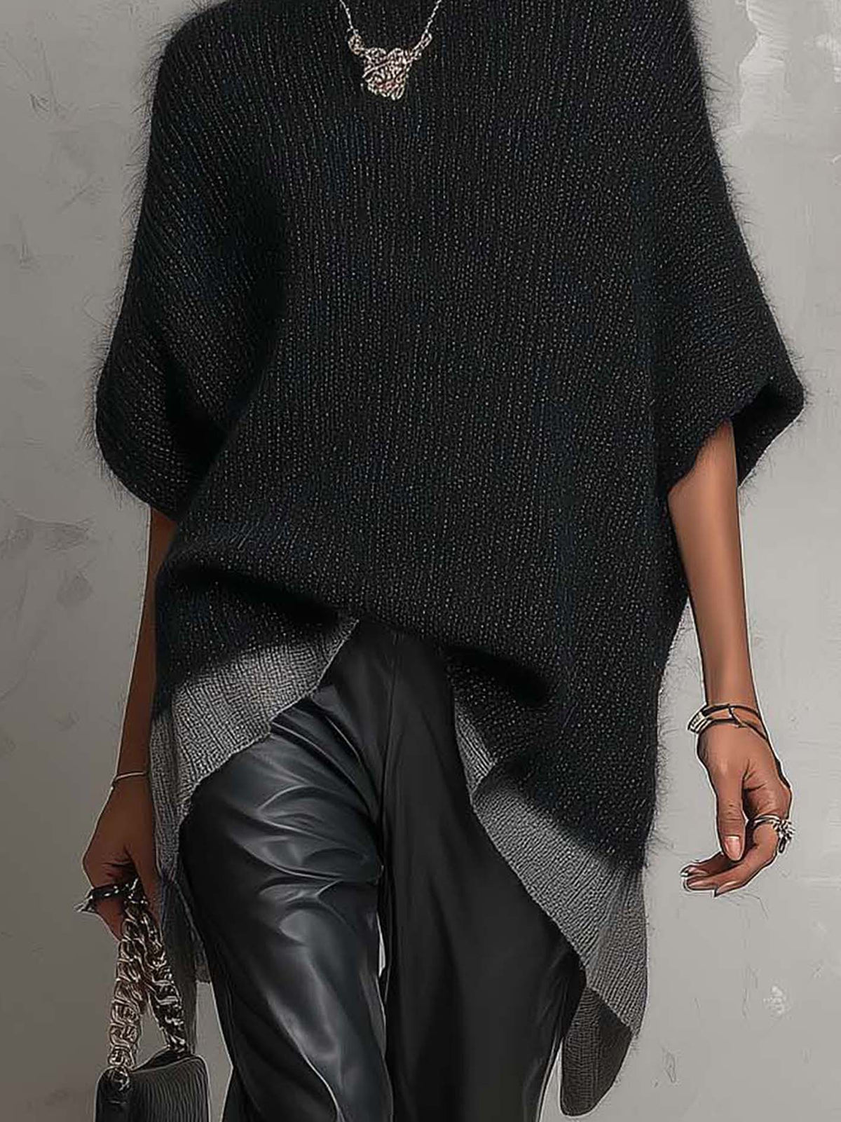 Black Fuzzy Knit Poncho Sweater With Asymmetrical Contrast Hem