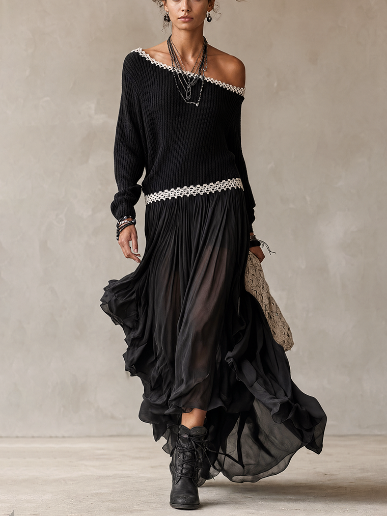 Black Off-Shoulder Knit And Chiffon Ruffle Maxi Dress