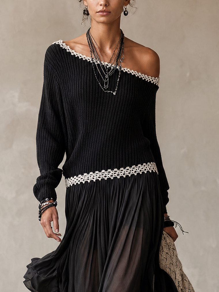 Black Off-Shoulder Knit And Chiffon Ruffle Maxi Dress