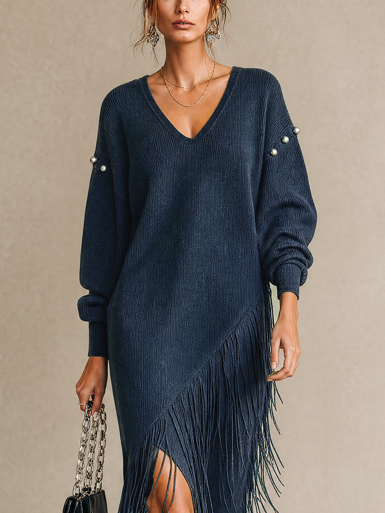 Midnight Navy V-Neck Knit Fringe Midi Dress