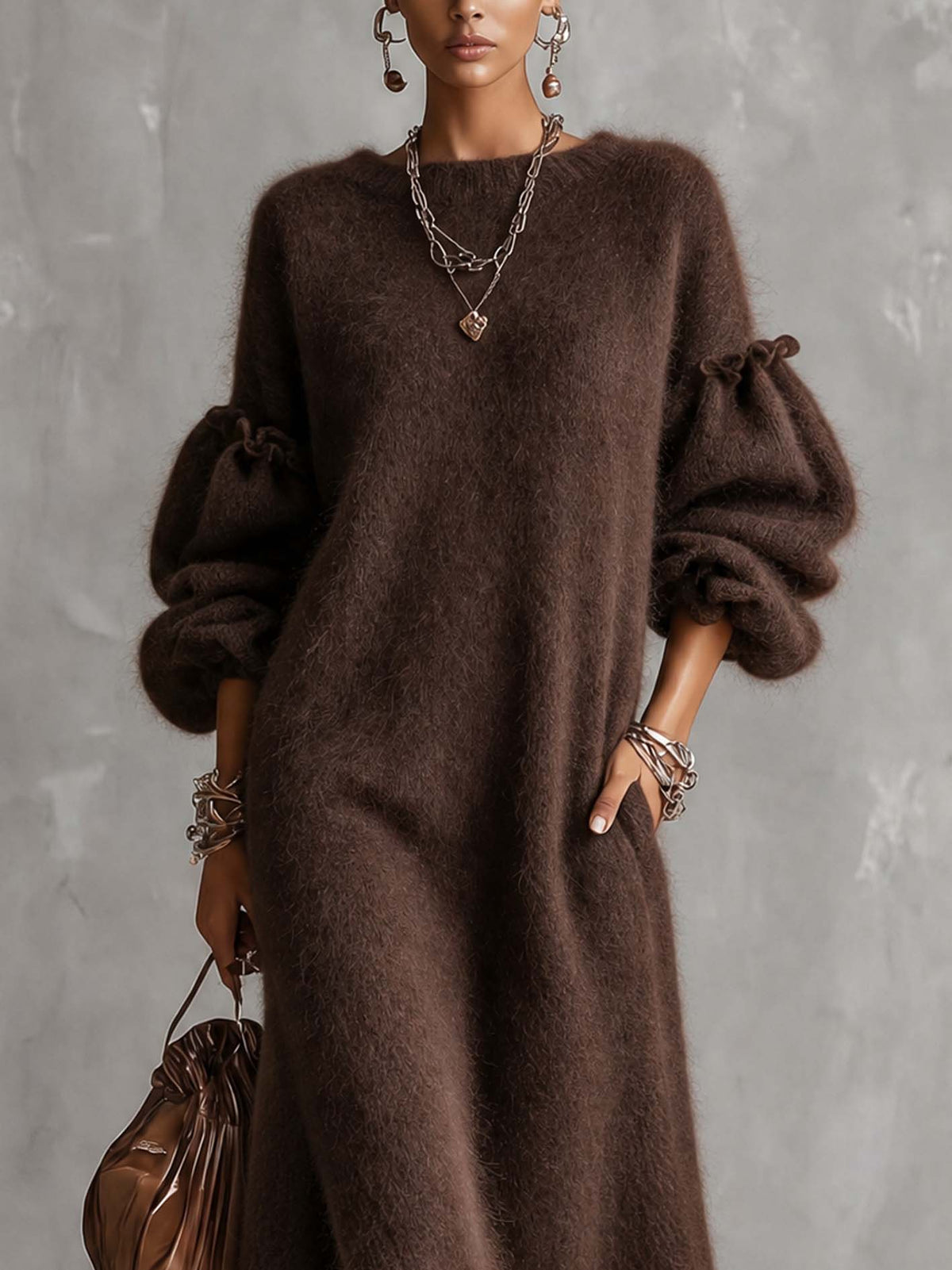 Chocolate Brown Fuzzy Knit Maxi Dress With Balloon Sleeves And Side Slit