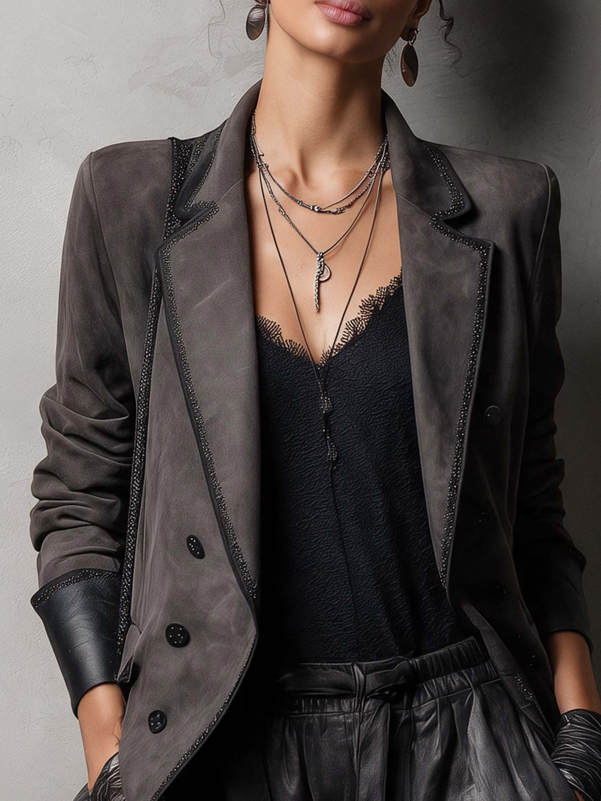 Charcoal Faux Suede Blazer With Shimmer Trim And PU Cuffs