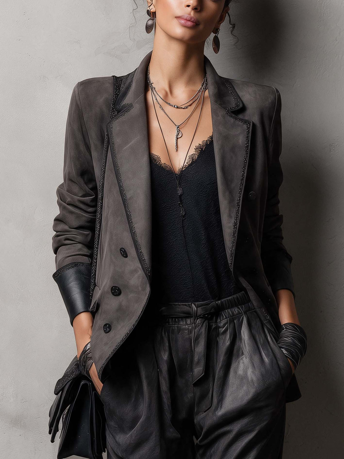 Charcoal Faux Suede Blazer With Shimmer Trim And PU Cuffs
