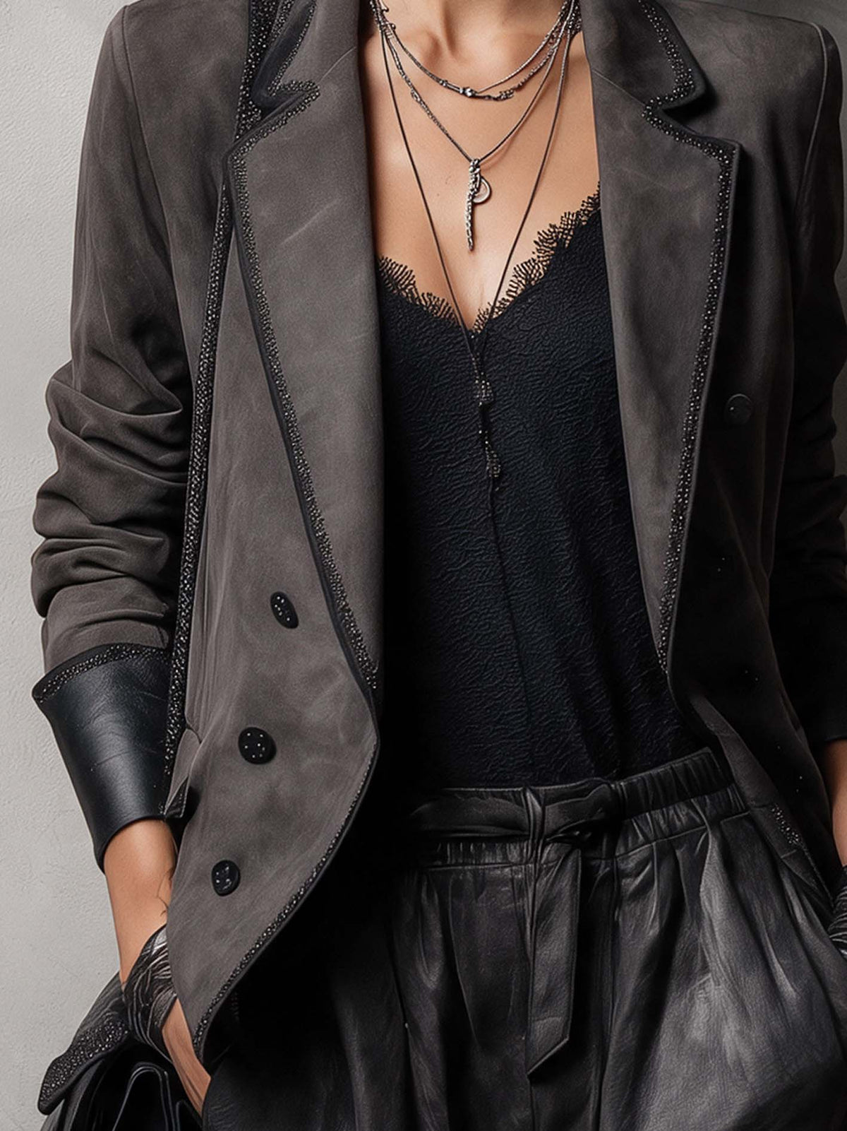 Charcoal Faux Suede Blazer With Shimmer Trim And PU Cuffs