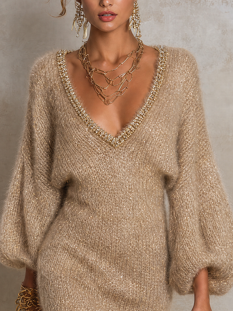 Champagne Shimmer Fuzzy Knit Rhinestone-Trim V-Neck Mini Dress
