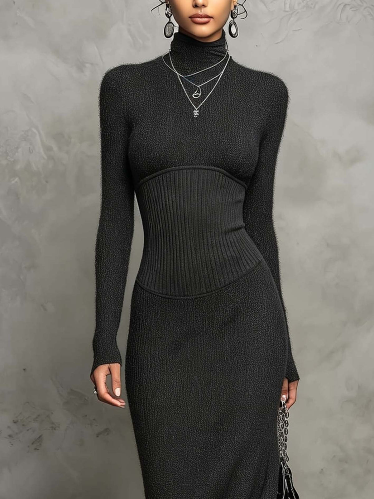 Black Ribbed Knit Maxi Bodycon Dress With Corset-Inspired Waist Panel