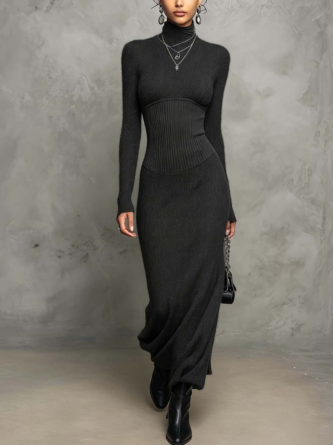 Black Ribbed Knit Maxi Bodycon Dress With Corset-Inspired Waist Panel