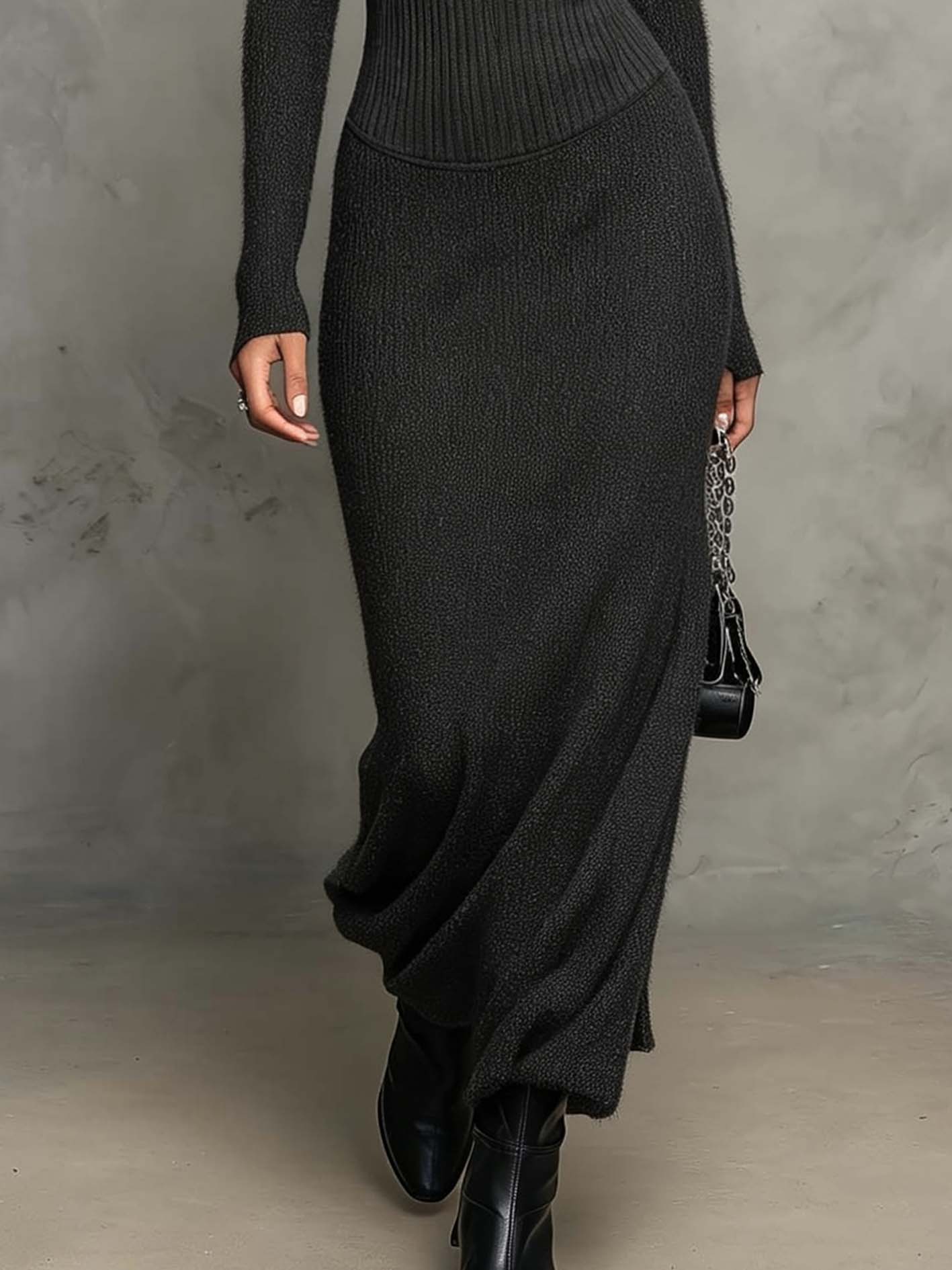 Black Ribbed Knit Maxi Bodycon Dress With Corset-Inspired Waist Panel