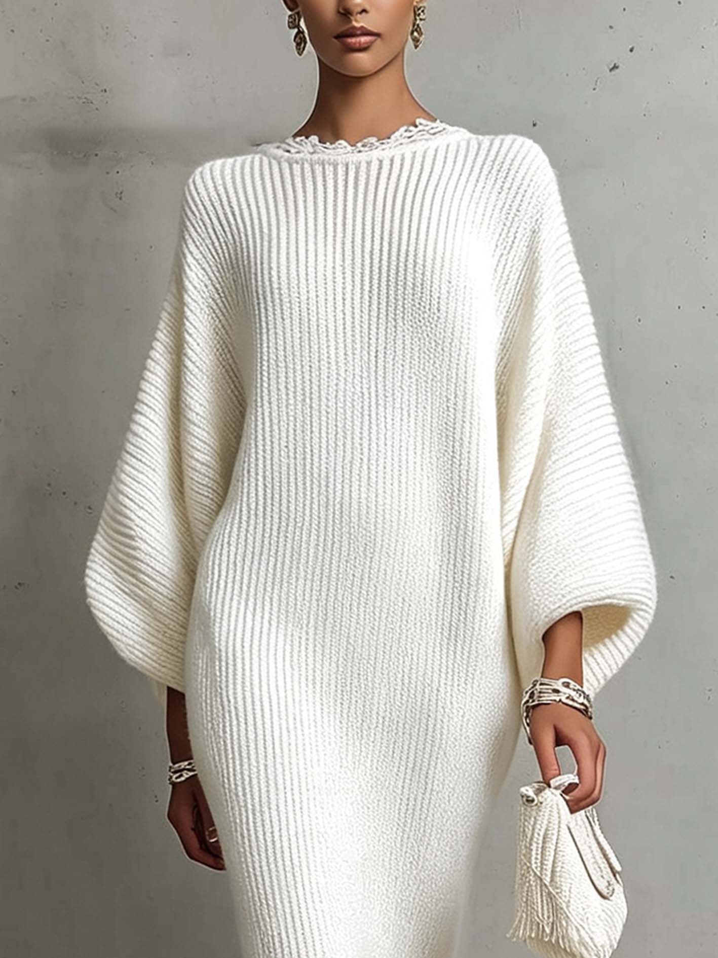 Ivory Sequin Patchwork Knit Maxi Sweater Dress With Fringe Hem