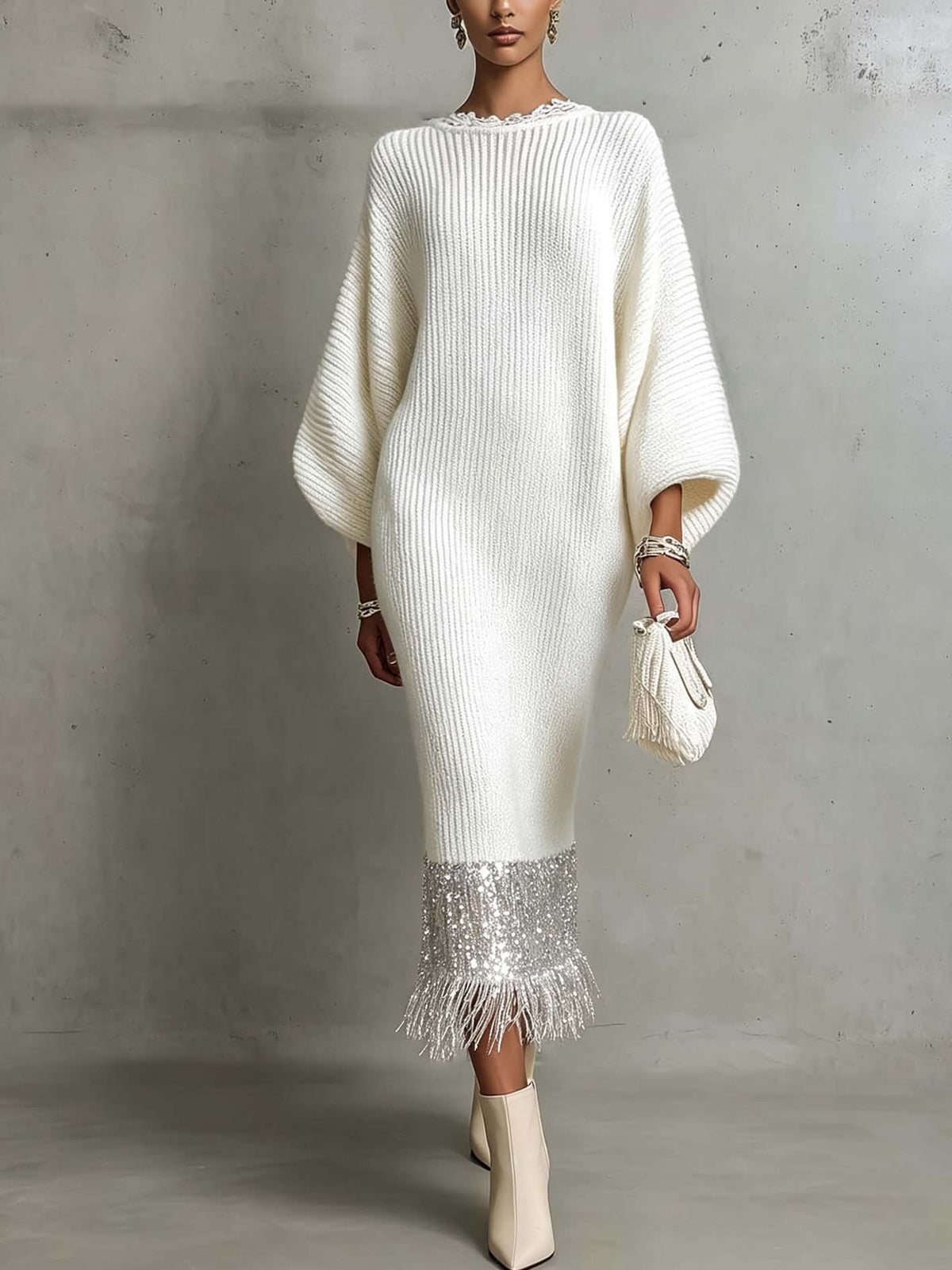 Ivory Sequin Patchwork Knit Maxi Sweater Dress With Fringe Hem