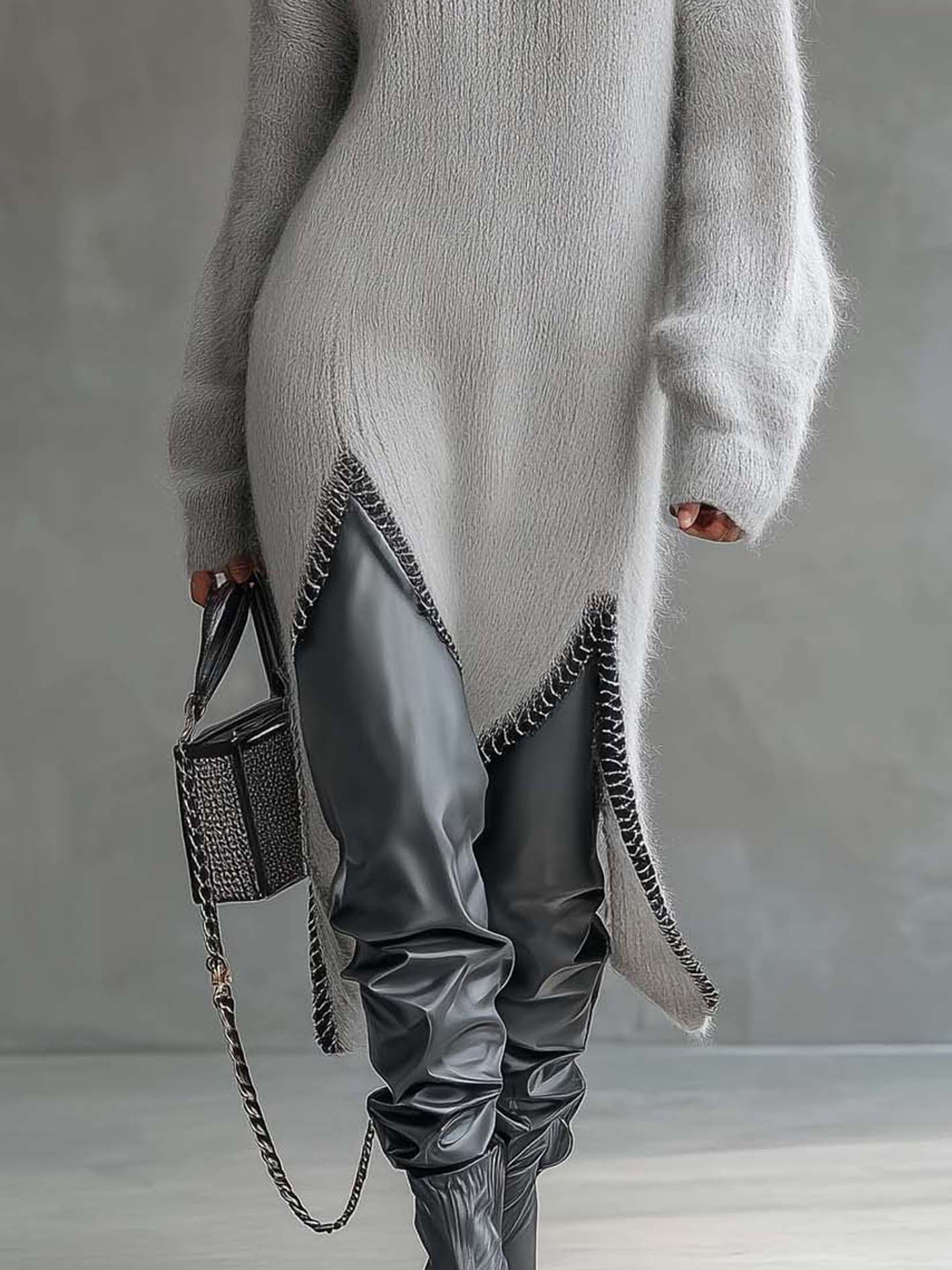 Light Gray Fuzzy Knit Midi Dress With Asymmetrical Hem And Leather Patchwork