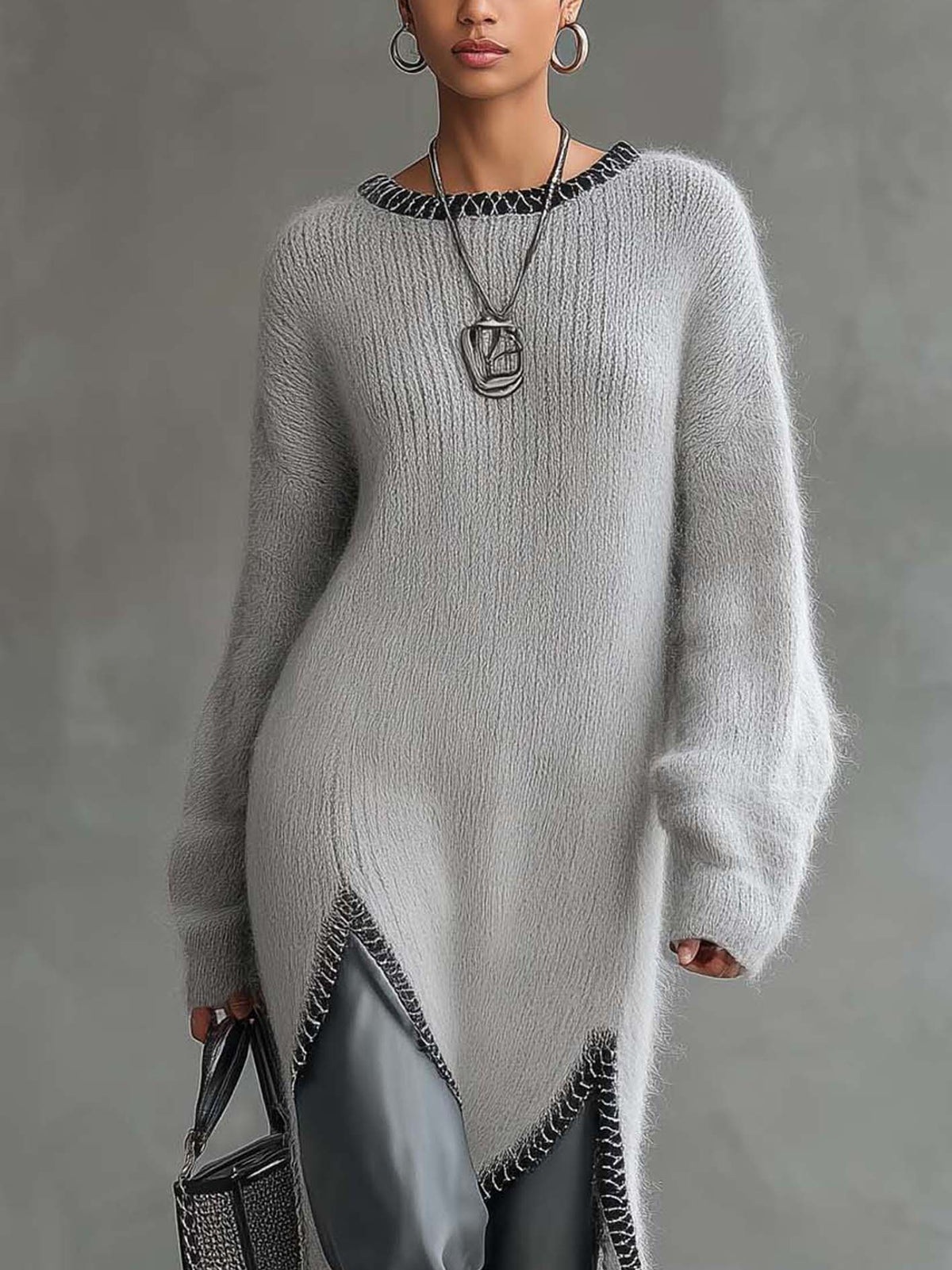 Light Gray Fuzzy Knit Midi Dress With Asymmetrical Hem And Leather Patchwork