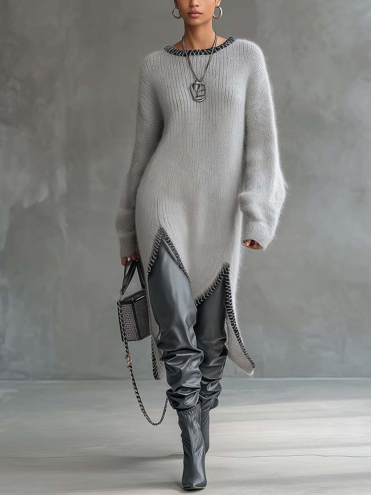 Light Gray Fuzzy Knit Midi Dress With Asymmetrical Hem And Leather Patchwork