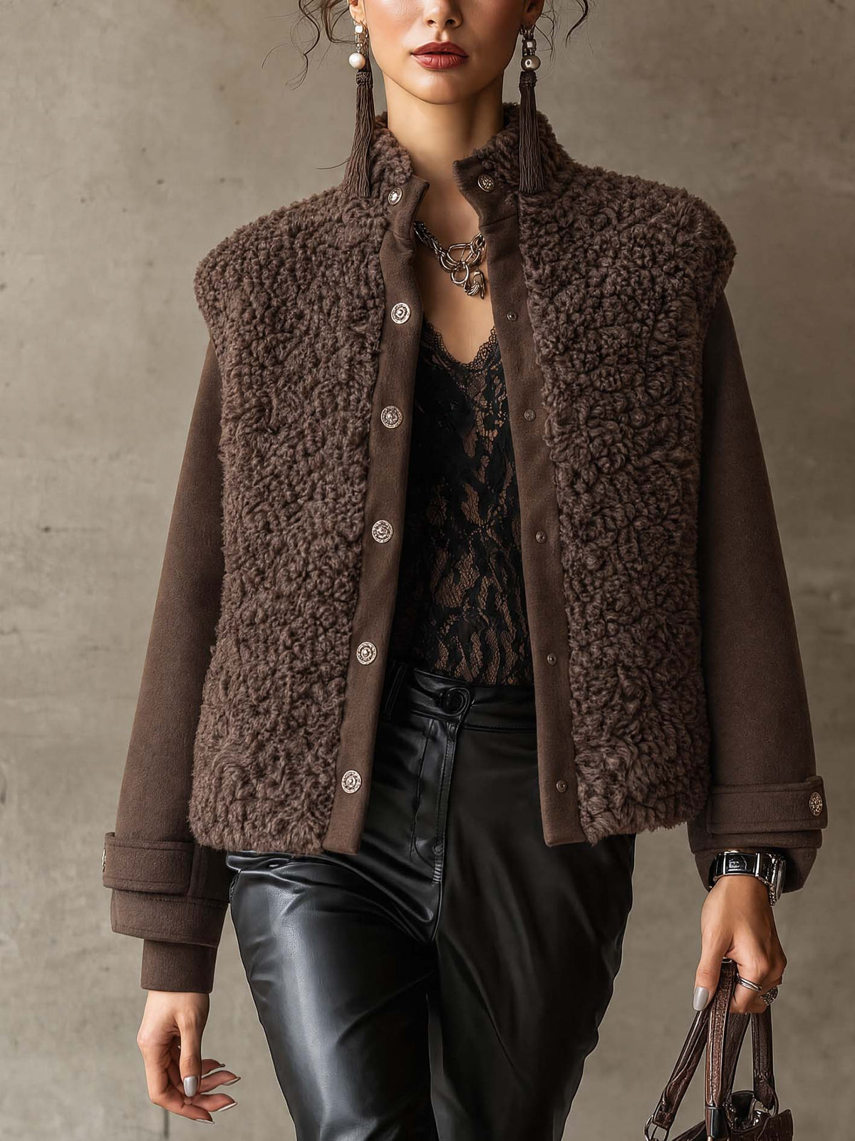 Brown Faux Shearling Fleece Patchwork Jacket With Button Front