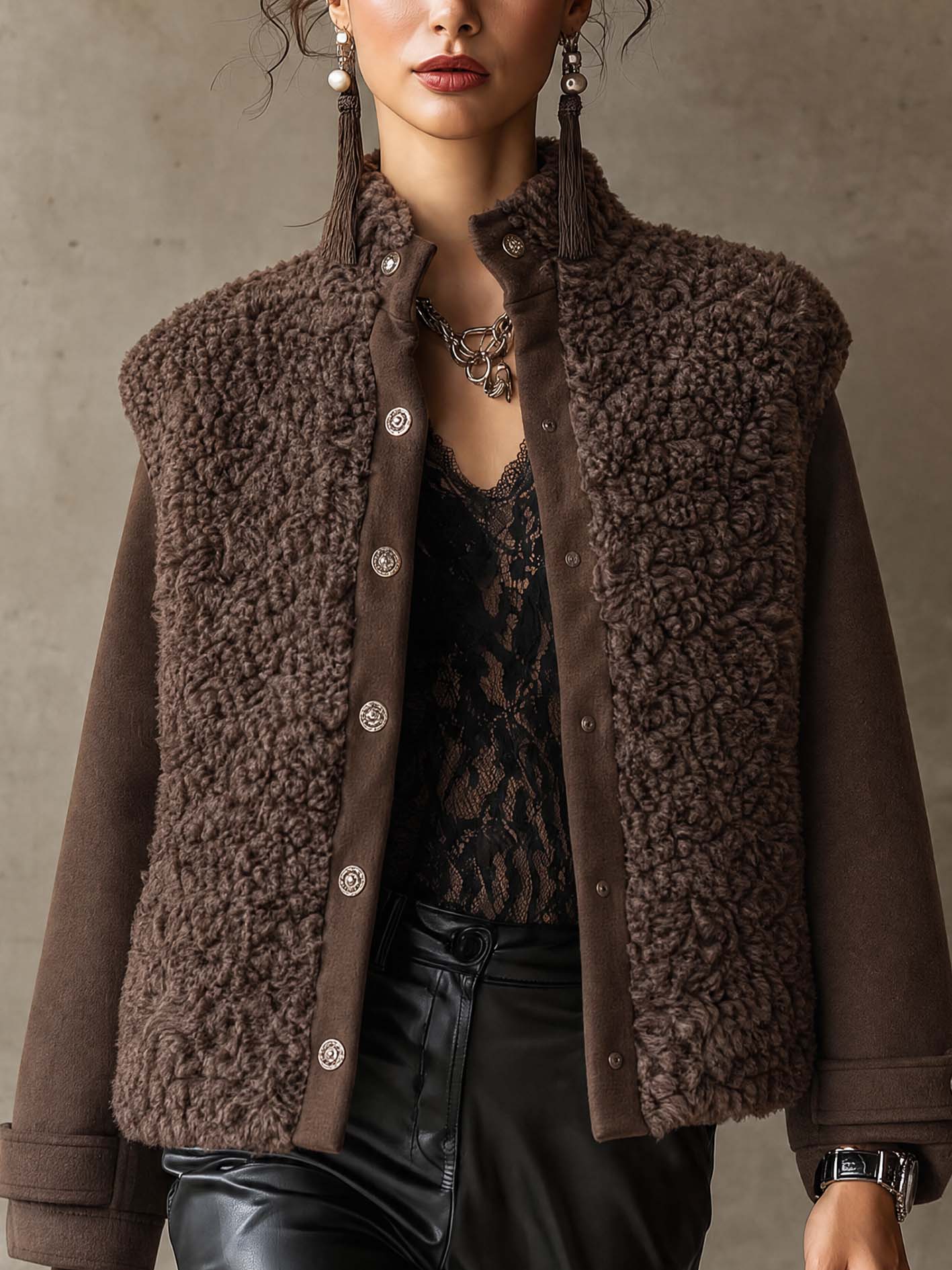 Brown Faux Shearling Fleece Patchwork Jacket With Button Front