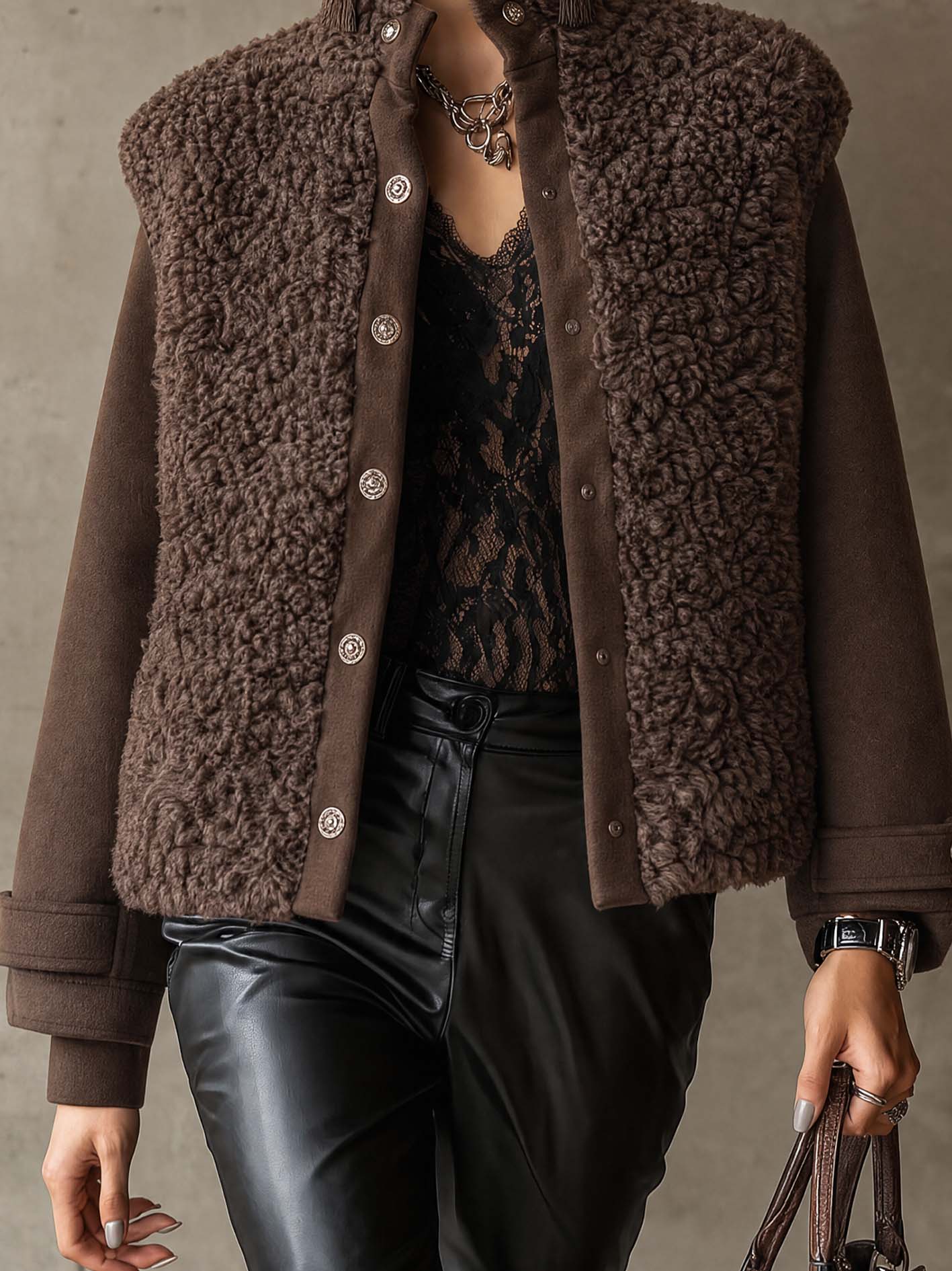 Brown Faux Shearling Fleece Patchwork Jacket With Button Front