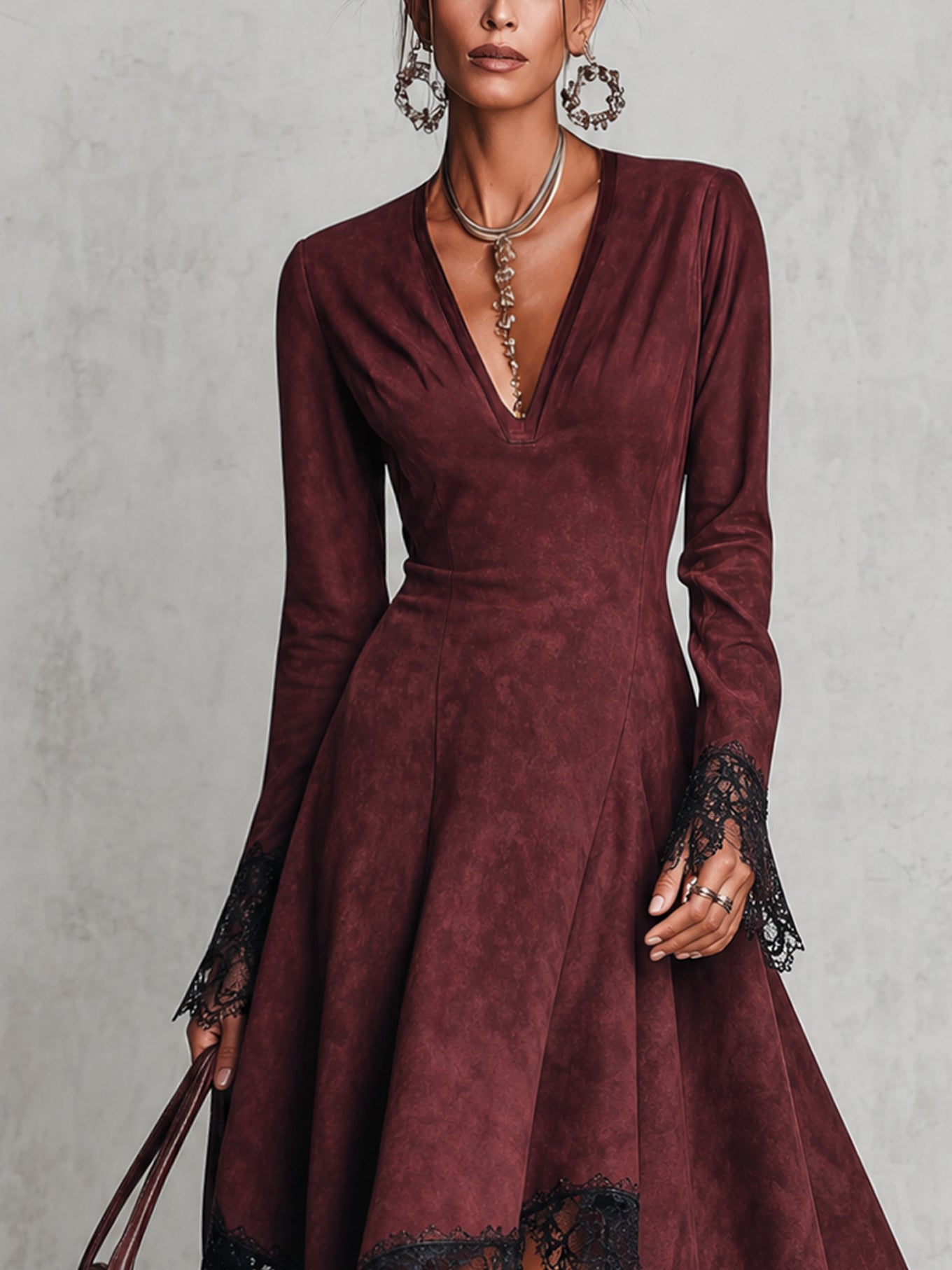 Vintage Burgundy Washed Faux Suede Asymmetrical Midi Dress