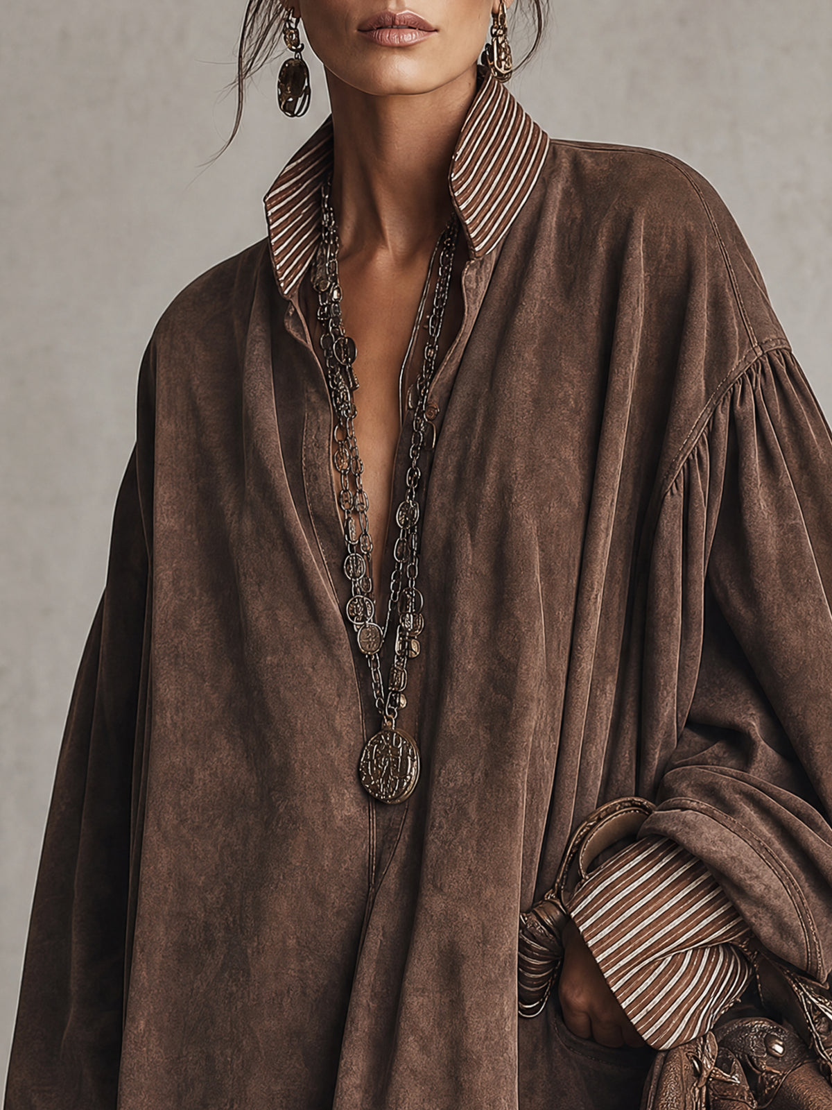 Vintage Brown Washed Faux Suede Oversized Mini Dress