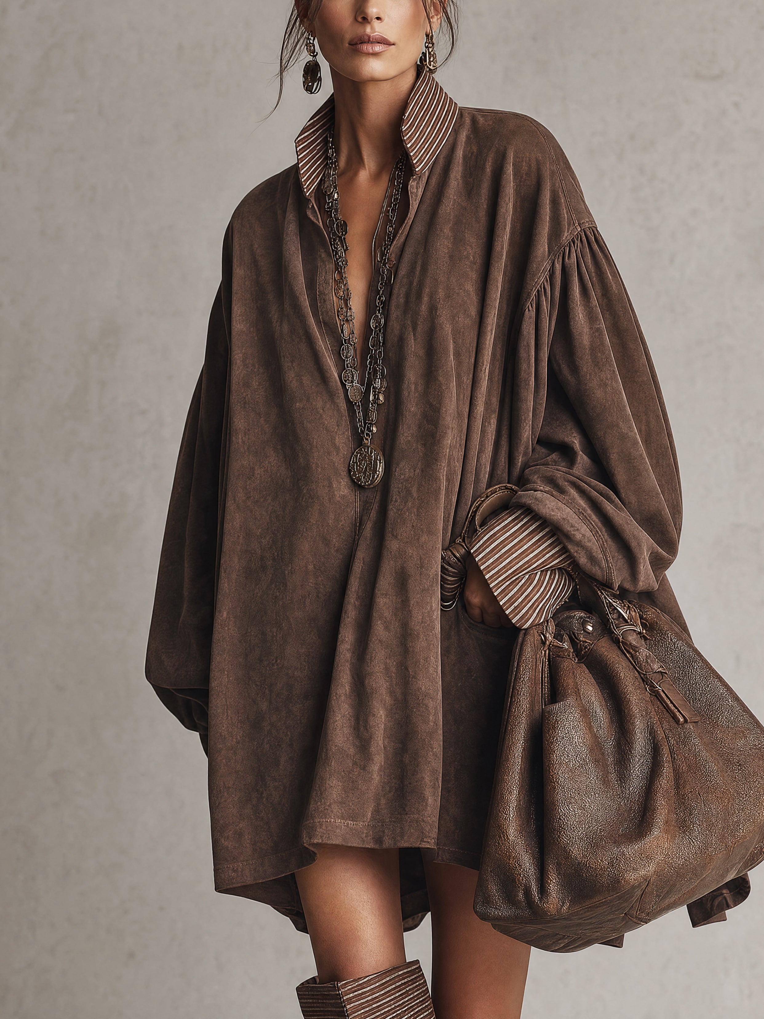 Vintage Brown Washed Faux Suede Oversized Mini Dress