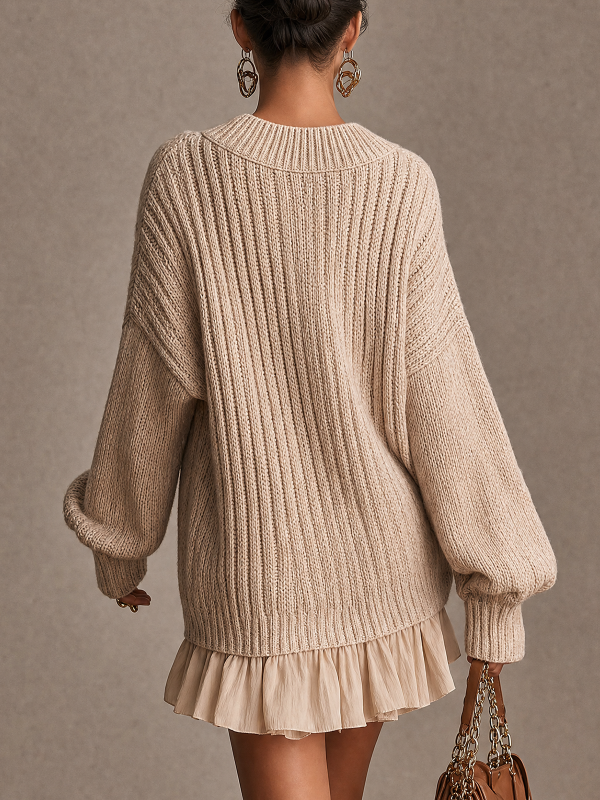 Beige Cable Knit V‑Neck Spliced Chiffon Mini Dress