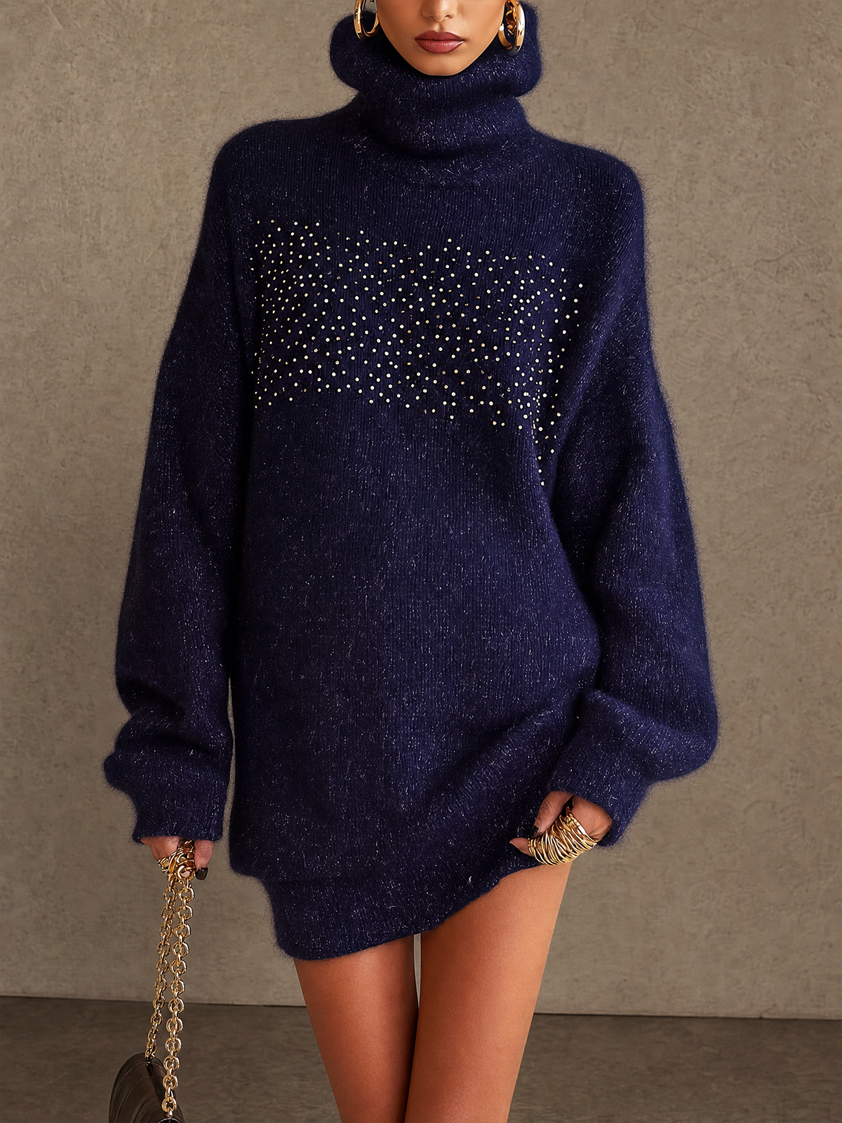 Navy Blue Turtleneck Rhinestone Oversized Knit Mini Dress